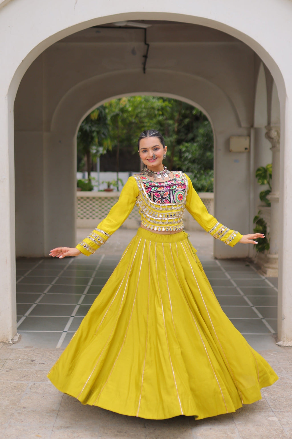 Prazu Fashion Parrot Roman Kutchi Gamthi Embroidered Work Lehenga For Navratri