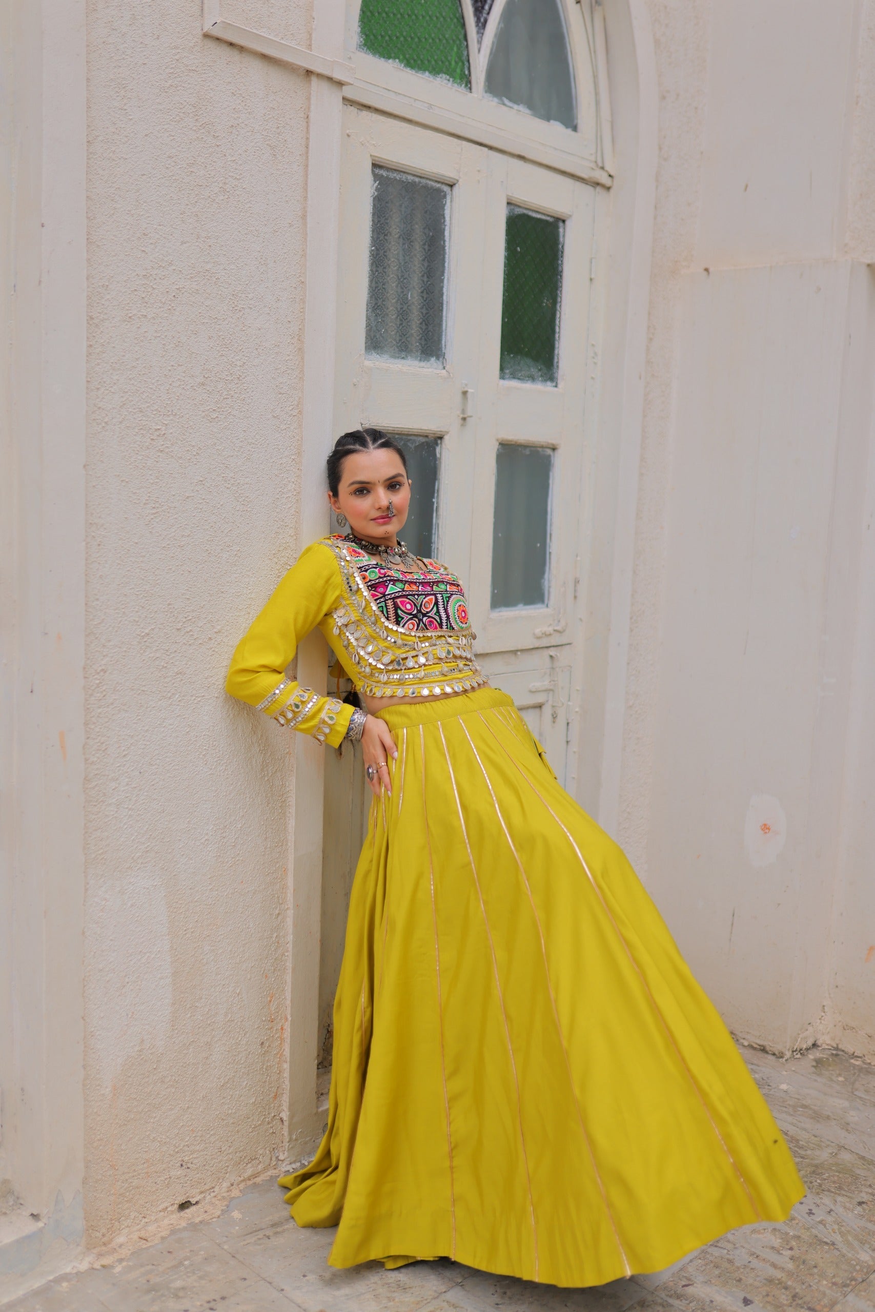 Prazu Fashion Parrot Roman Kutchi Gamthi Embroidered Work Lehenga For Navratri