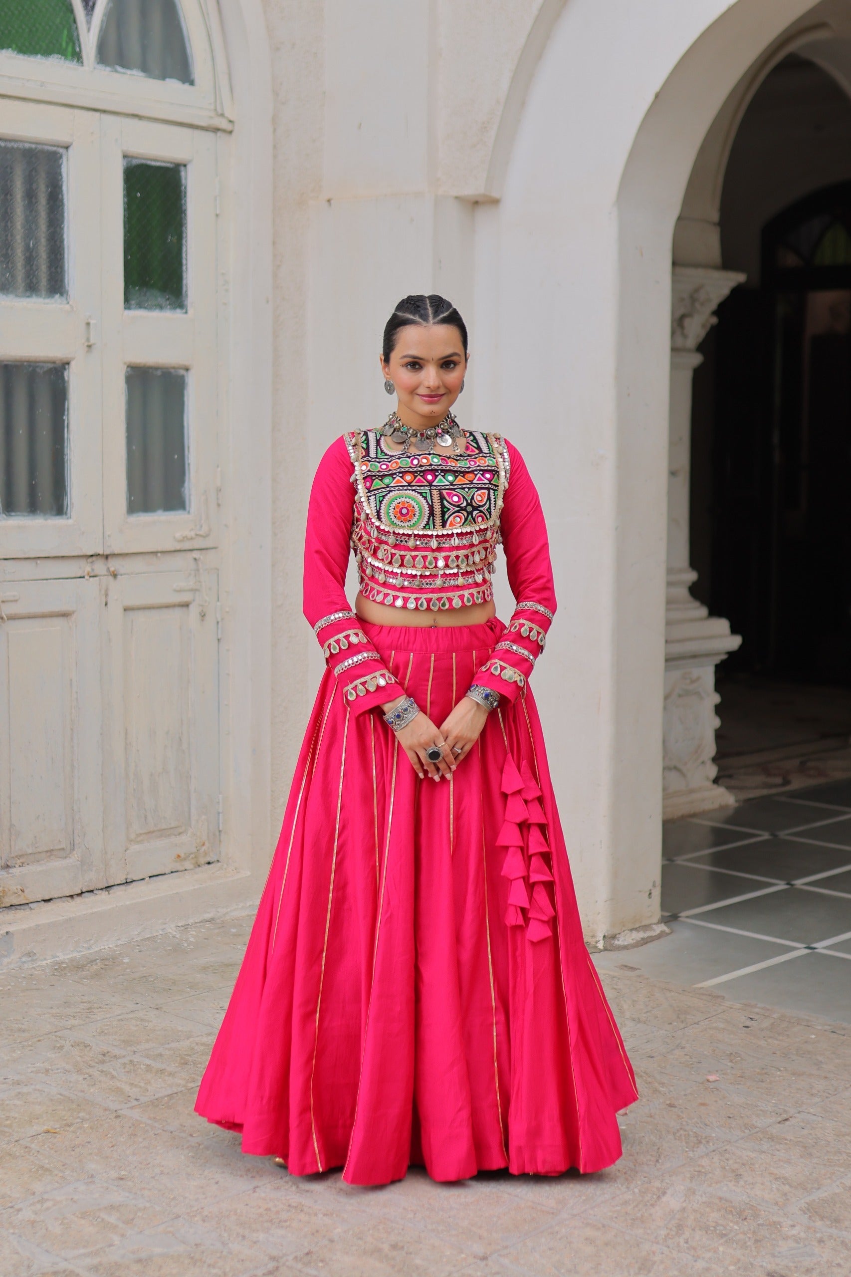 Prazu Fashion Pink Roman Kutchi Gamthi Embroidered Work Lehenga For Navratri