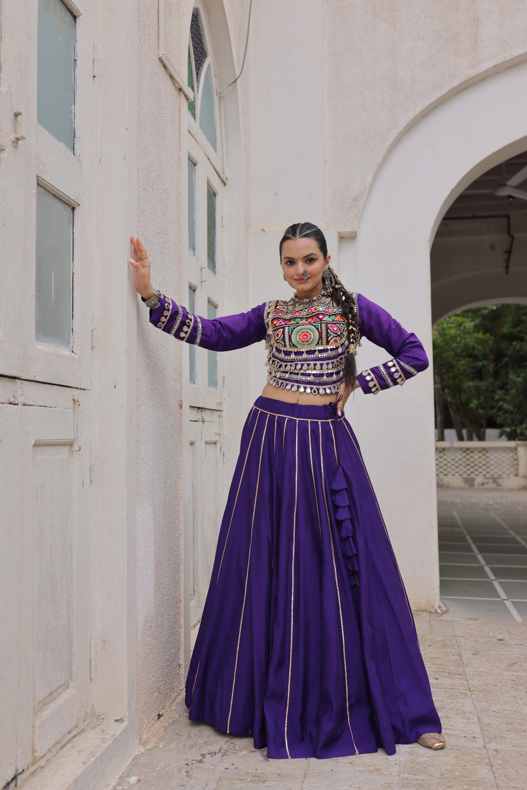 Prazu Fashion Purple Roman Kutchi Gamthi Embroidered Work Lehenga For Navratri