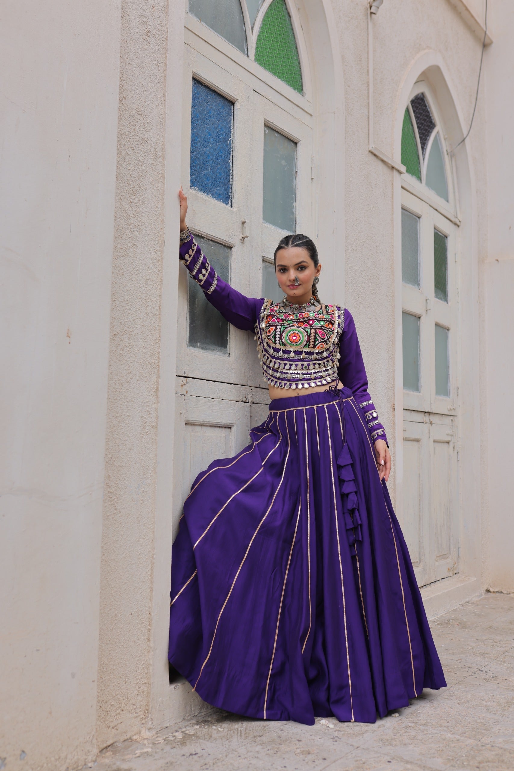 Prazu Fashion Purple Roman Kutchi Gamthi Embroidered Work Lehenga For Navratri