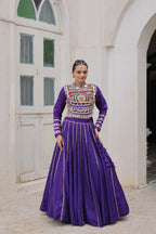 Prazu Fashion Purple Roman Kutchi Gamthi Embroidered Work Lehenga For Navratri