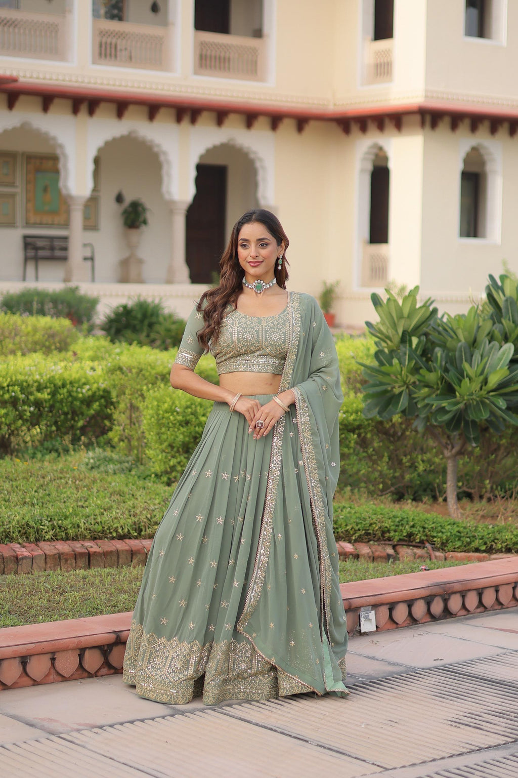 Prazu Fashion Olive Green Georgette With Sequins & Zari Multi Embroidered Lehenga