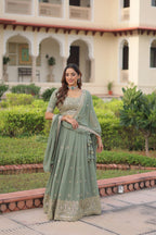 Prazu Fashion Olive Green Georgette With Sequins & Zari Multi Embroidered Lehenga