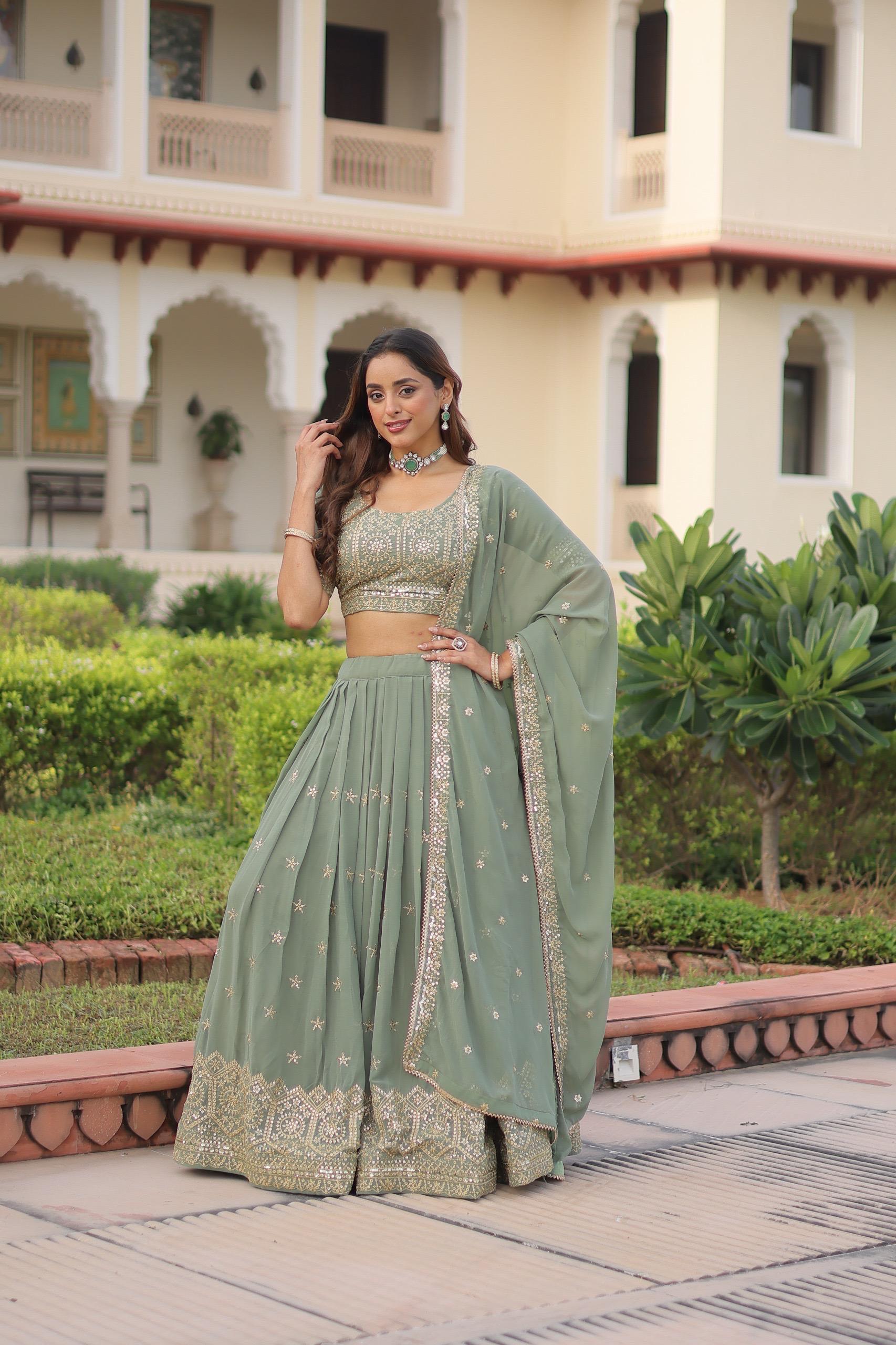 Prazu Fashion Olive Green Georgette With Sequins & Zari Multi Embroidered Lehenga