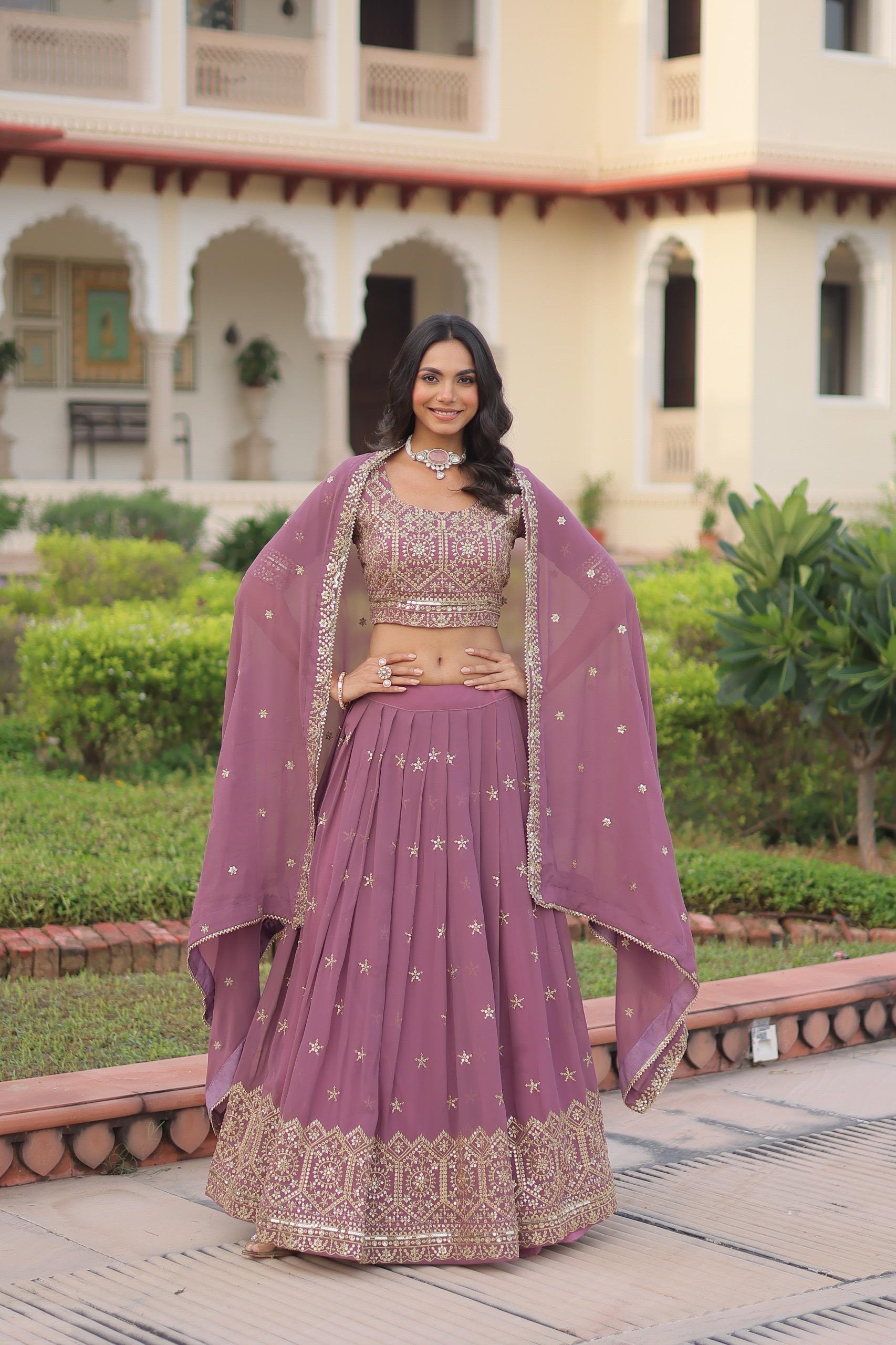 Prazu Fashion Onion Pink Georgette With Sequins & Zari Multi Embroidered Lehenga