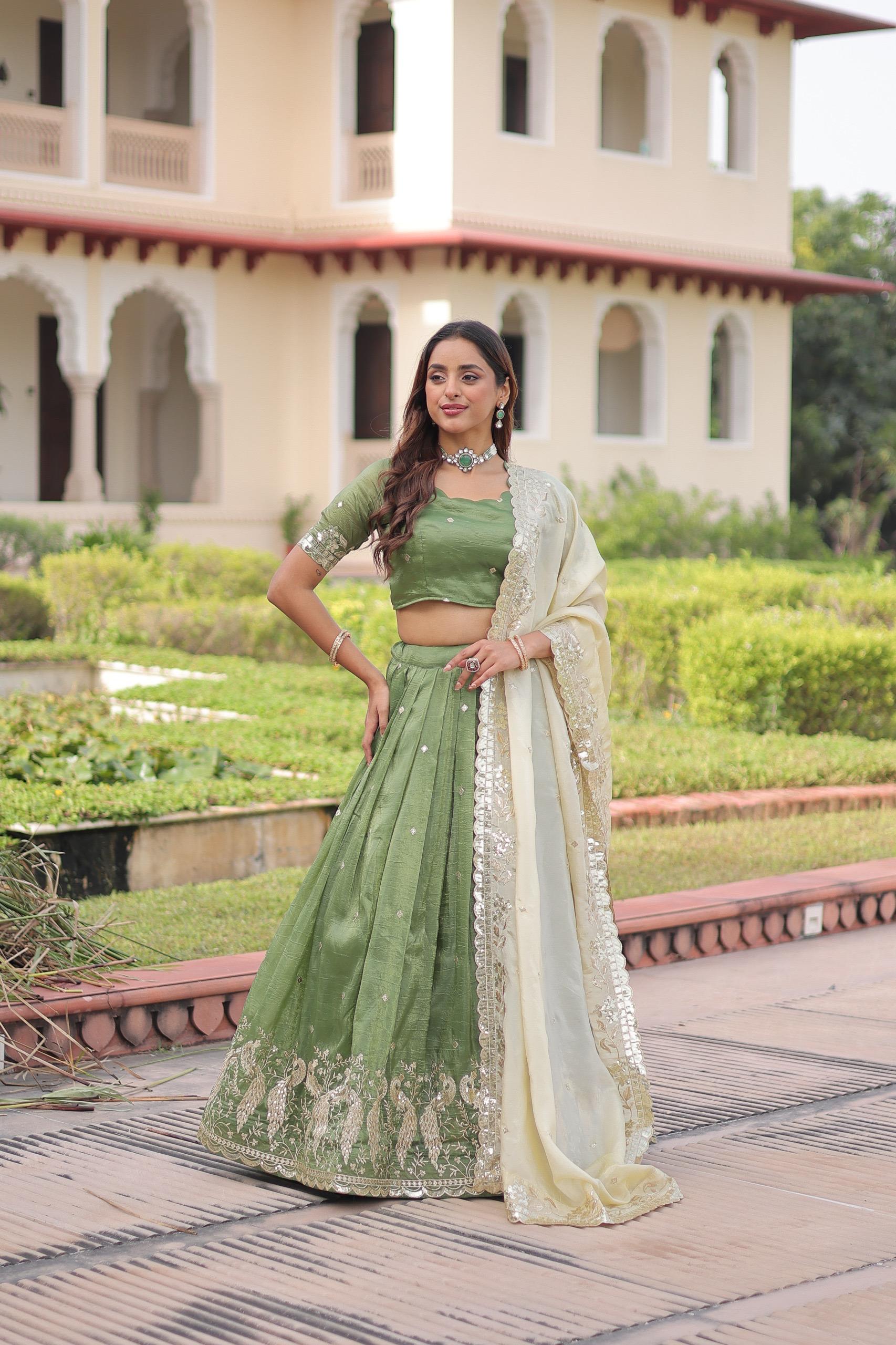 Prazu Fashion Mahendi Gold Crush With Sequins & Zari Embroidered Work Lehenga