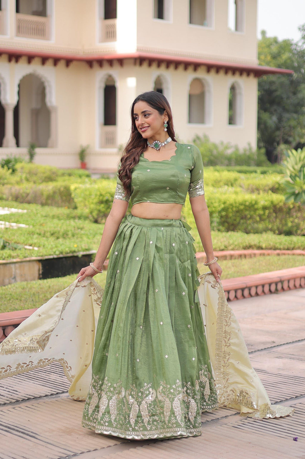 Prazu Fashion Mahendi Gold Crush With Sequins & Zari Embroidered Work Lehenga