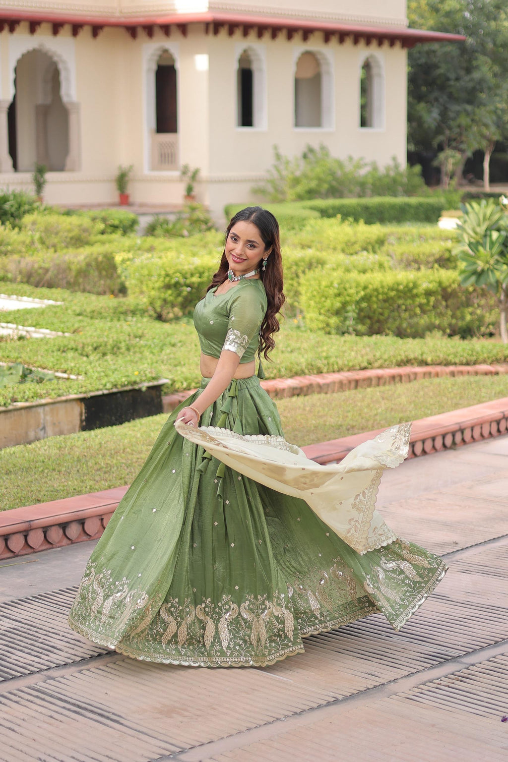 Prazu Fashion Mahendi Gold Crush With Sequins & Zari Embroidered Work Lehenga
