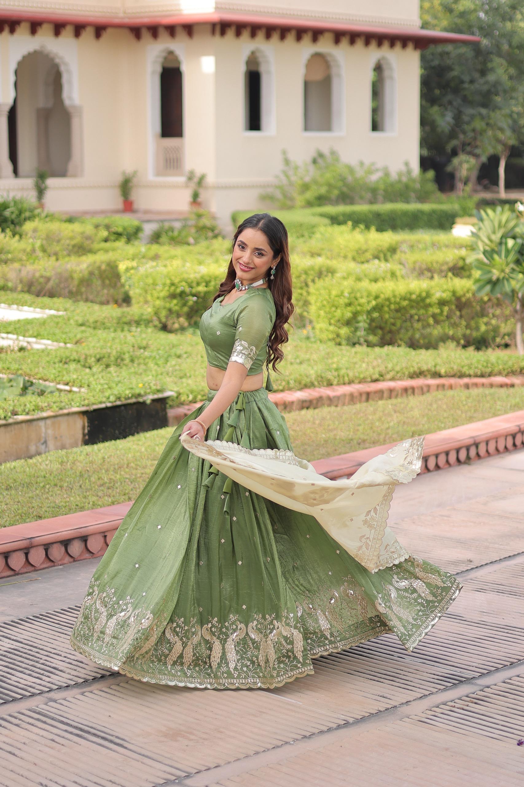 Prazu Fashion Mahendi Gold Crush With Sequins & Zari Embroidered Work Lehenga