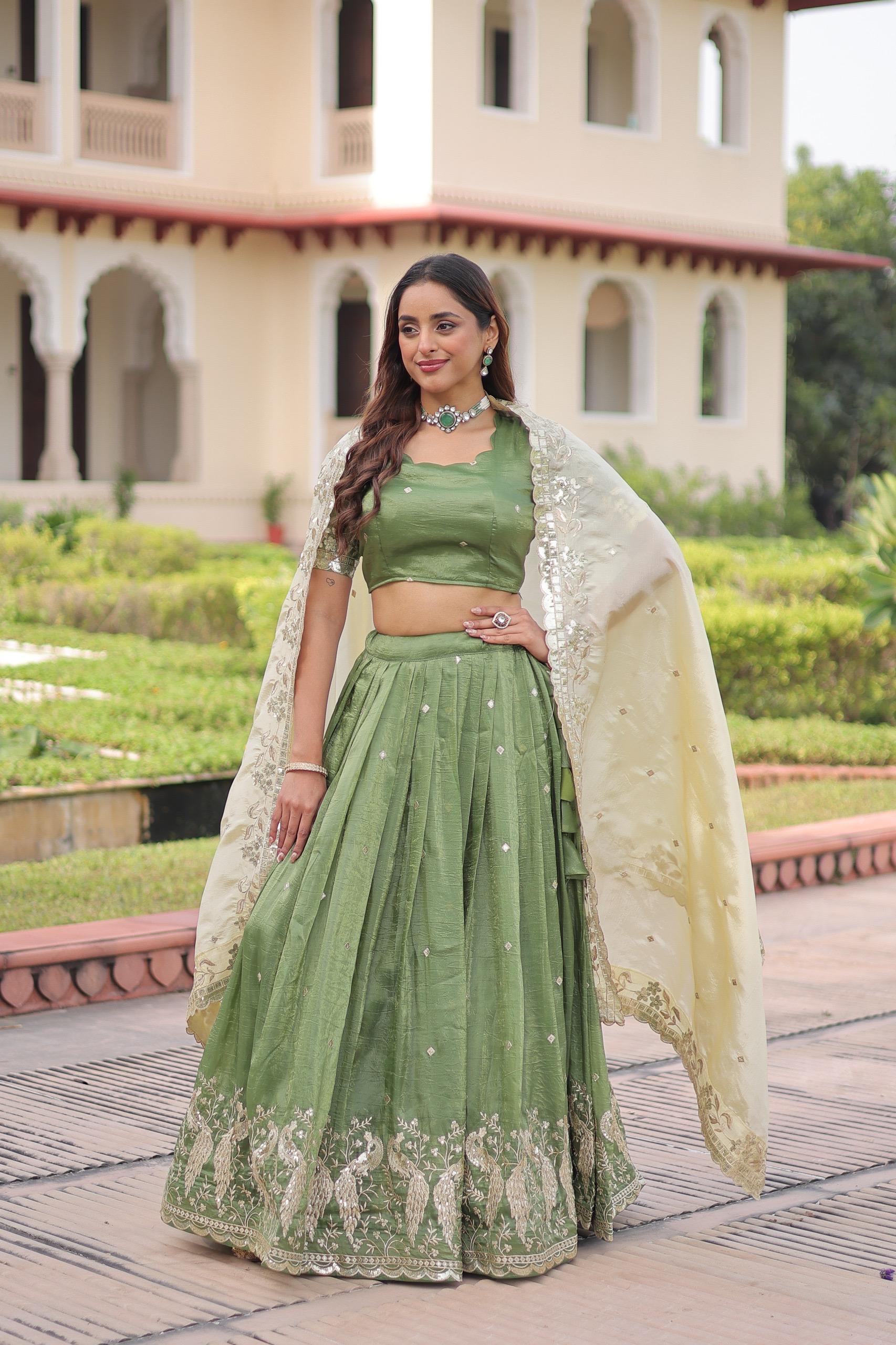 Prazu Fashion Mahendi Gold Crush With Sequins & Zari Embroidered Work Lehenga
