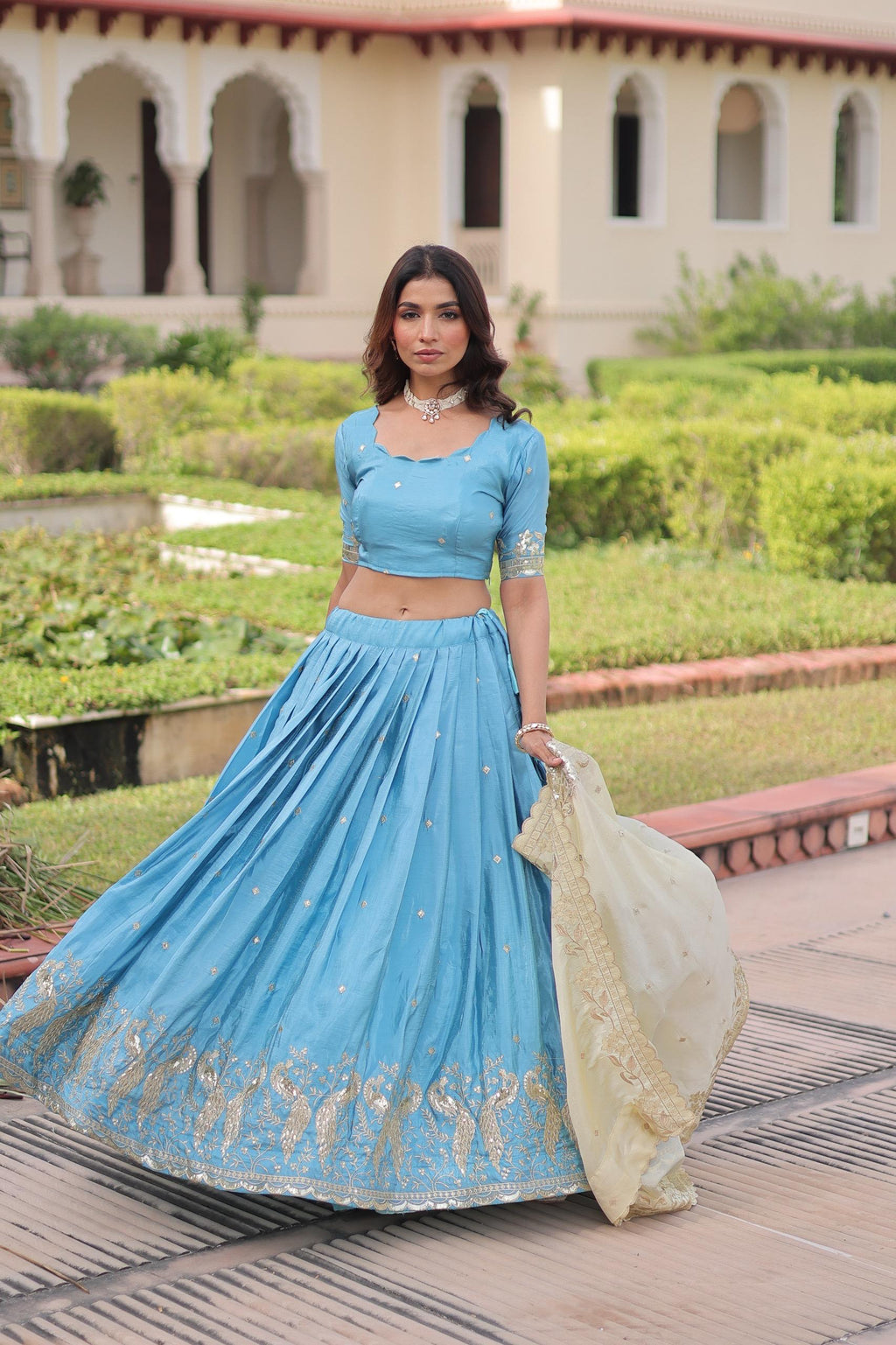 Prazu Fashion Sky Blue Gold Crush With Sequins & Zari Embroidered Work Lehenga