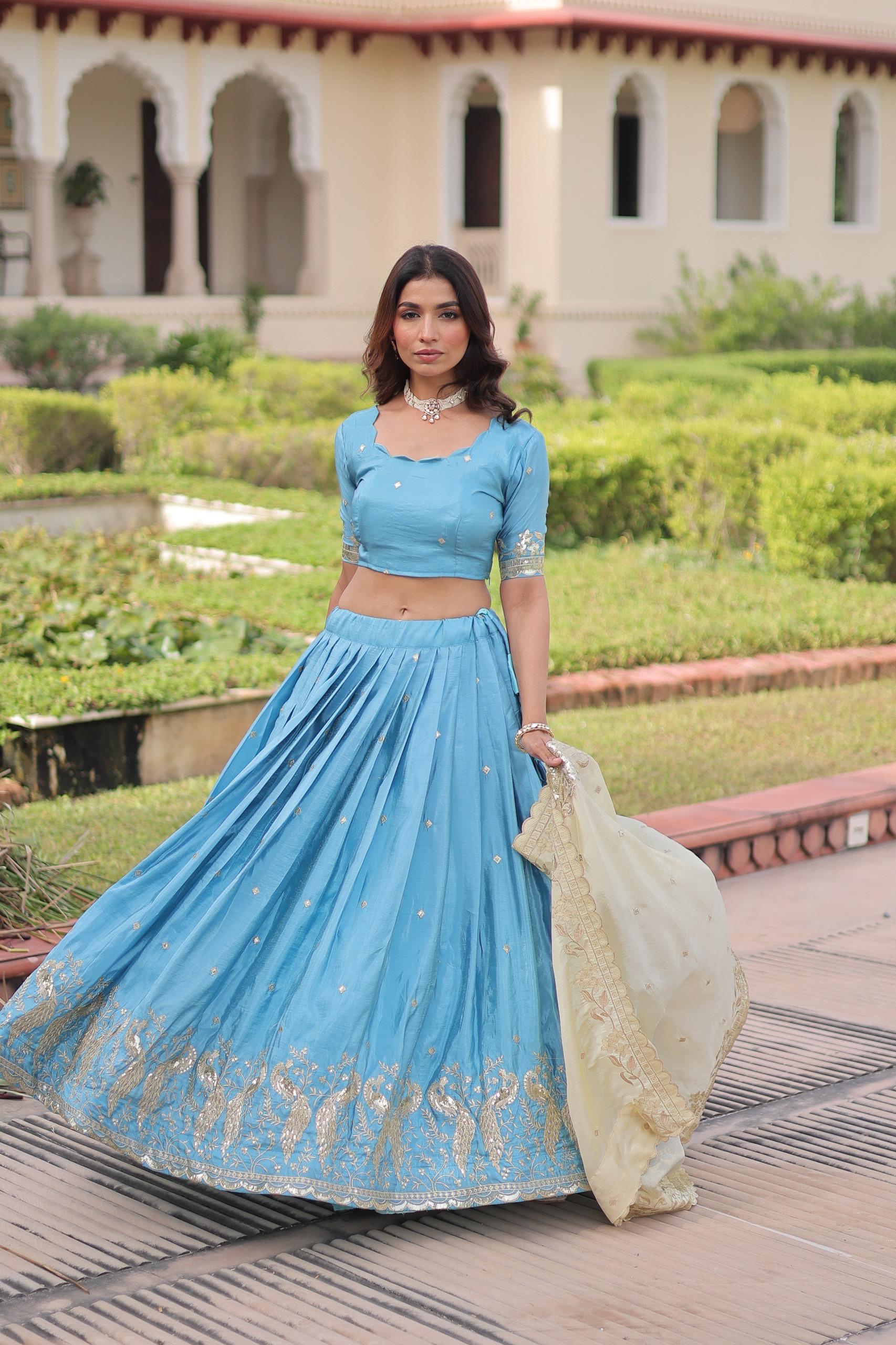 Prazu Fashion Sky Blue Gold Crush With Sequins & Zari Embroidered Work Lehenga