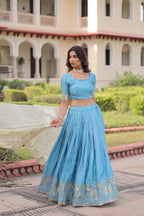 Prazu Fashion Sky Blue Gold Crush With Sequins & Zari Embroidered Work Lehenga