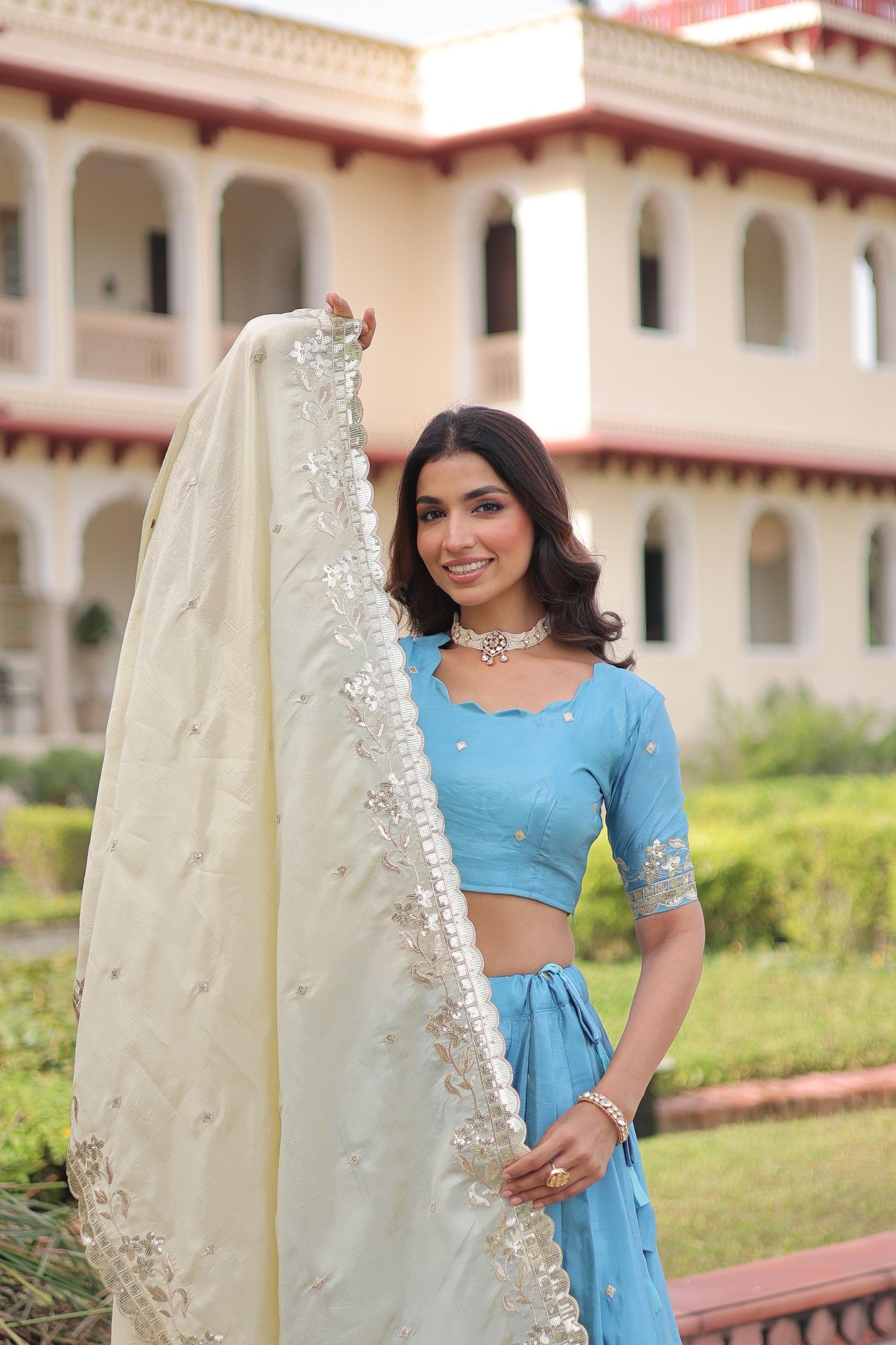 Prazu Fashion Sky Blue Gold Crush With Sequins & Zari Embroidered Work Lehenga