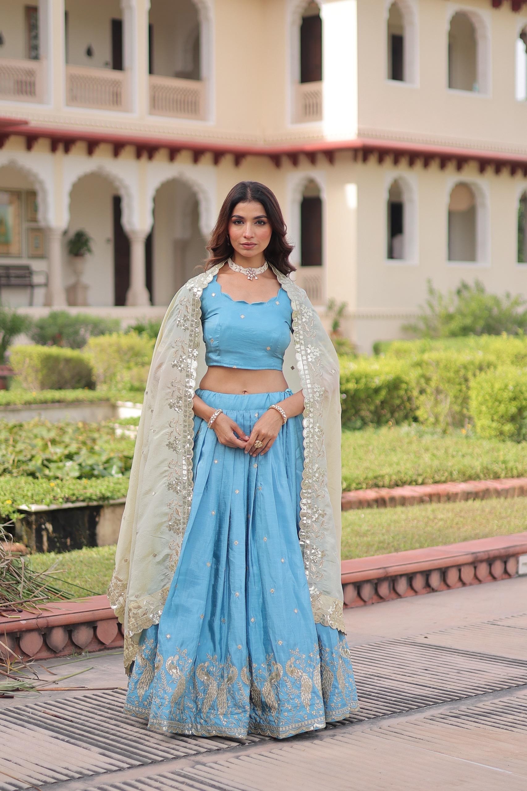 Prazu Fashion Sky Blue Gold Crush With Sequins & Zari Embroidered Work Lehenga