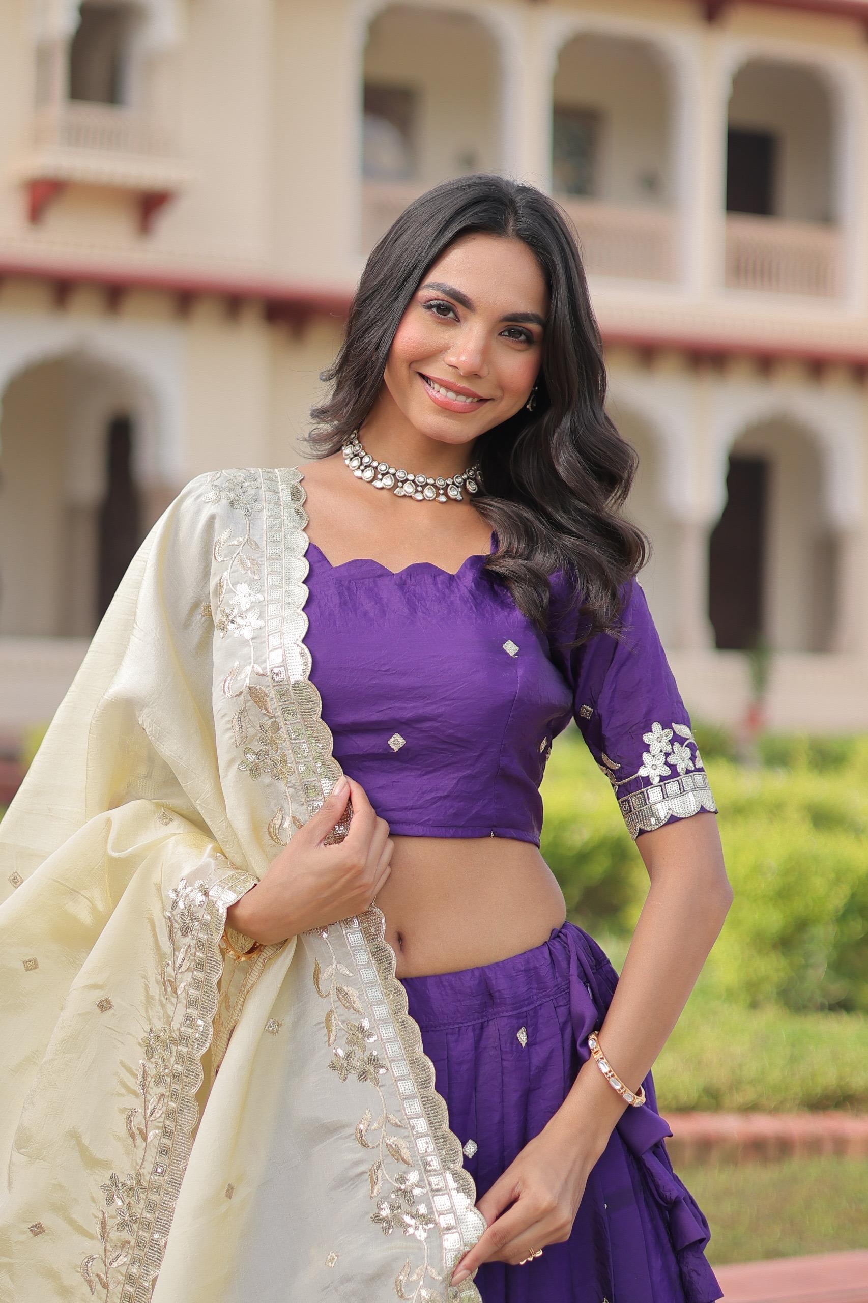 Prazu Fashion Violet Gold Crush With Sequins & Zari Embroidered Work Lehenga