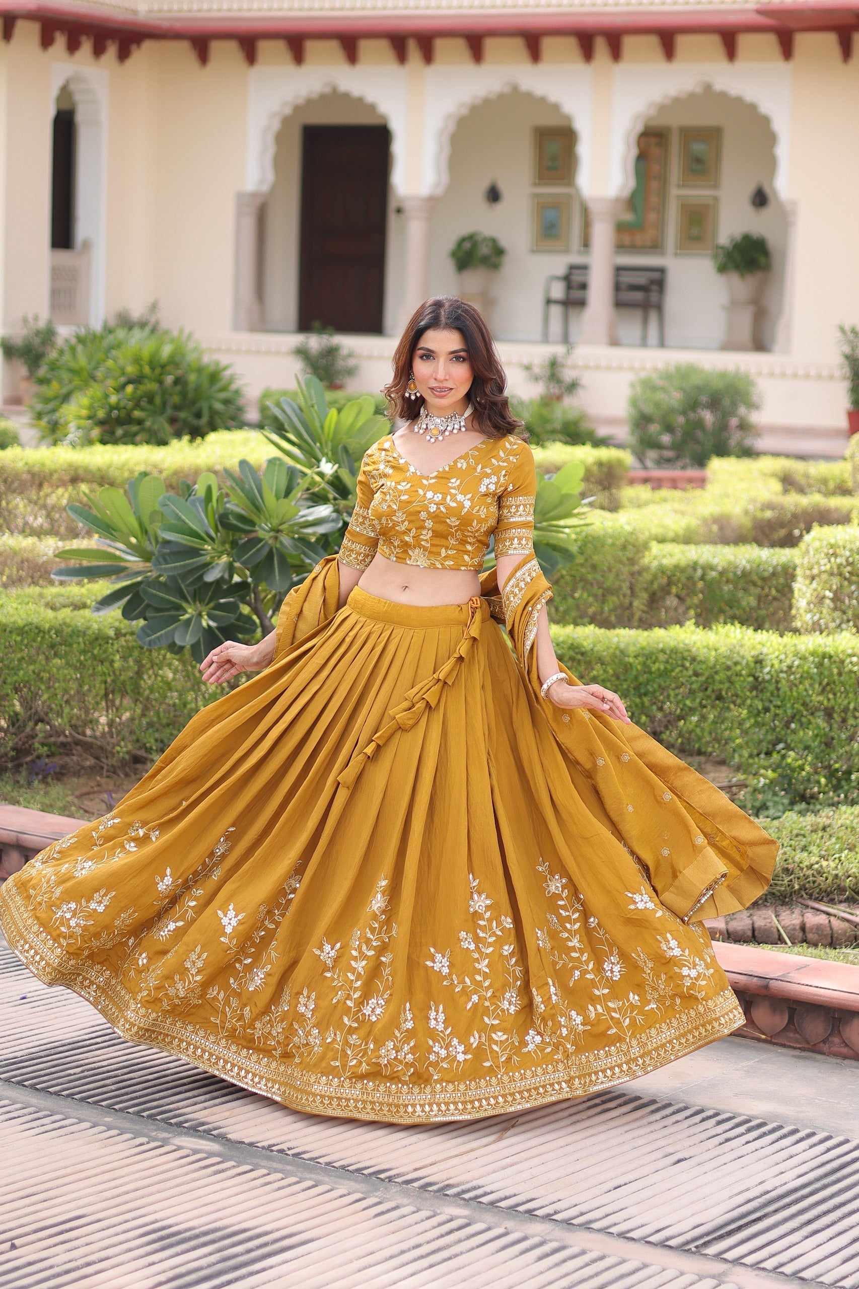 Prazu Fashion Mustard Vichitra Silk With Heavy Sequins & Zari Embroidered Lehenga