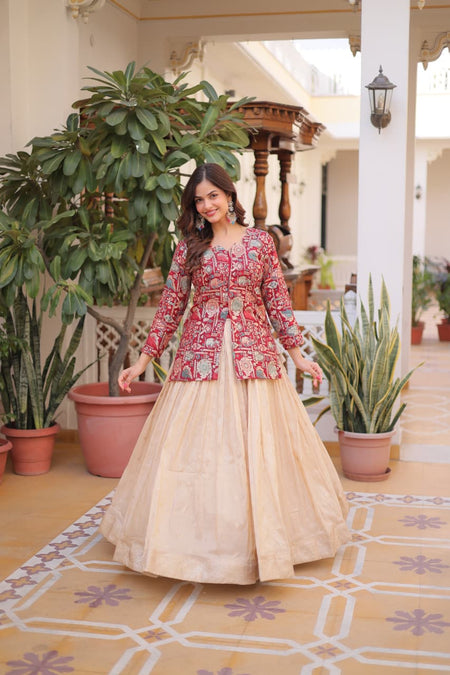Prazu Fashion Maroon Cosmos Weaving Jacquard Designer Lehenga
