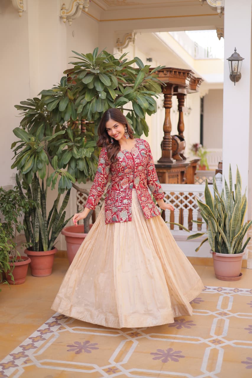 Prazu Fashion Maroon Cosmos Weaving Jacquard Designer Lehenga - Distacart