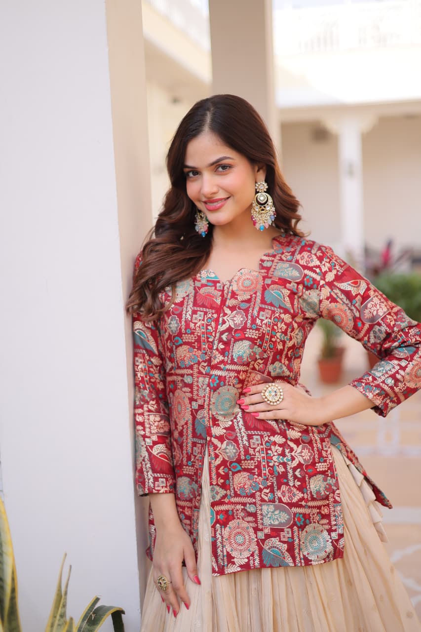 Prazu Fashion Maroon Cosmos Weaving Jacquard Designer Lehenga - Distacart