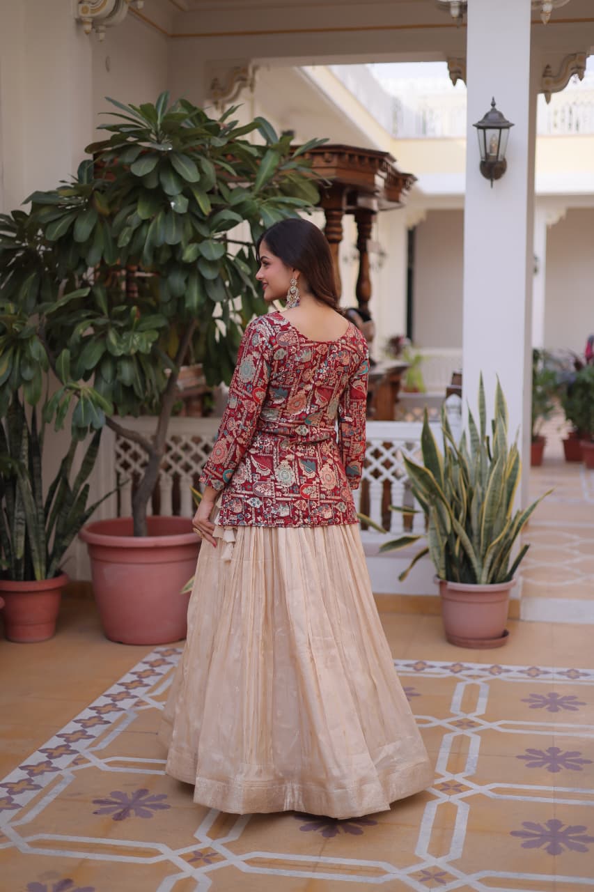 Prazu Fashion Maroon Cosmos Weaving Jacquard Designer Lehenga - Distacart