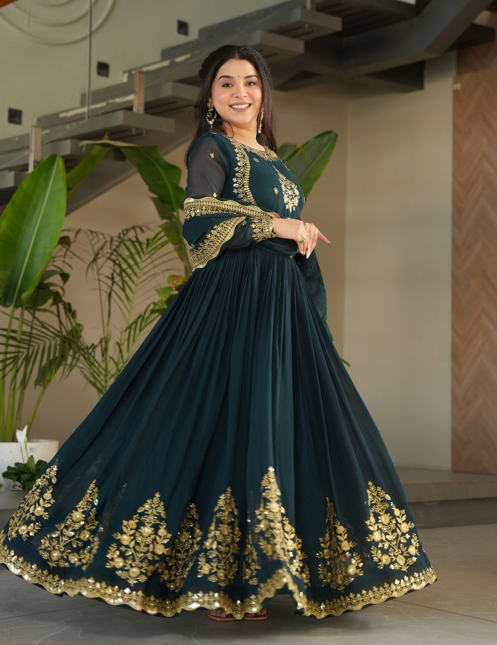 Vedant Vastram Georgette Embroidery & Sequence Work Stitched Ethnic Gown-Rama - Distacart