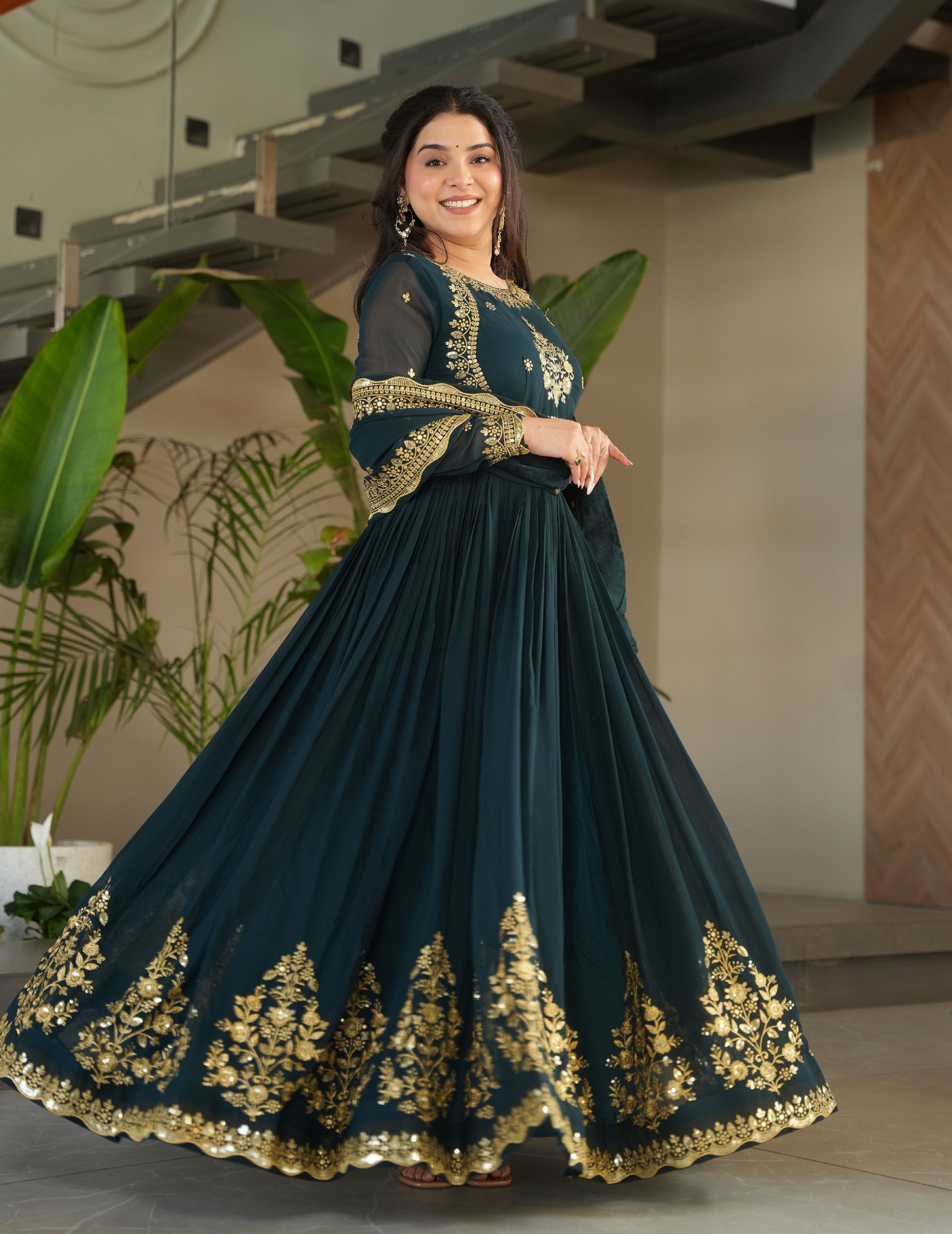 Vedant Vastram Georgette Embroidery & Sequence Work Stitched Ethnic Gown-Rama - Distacart