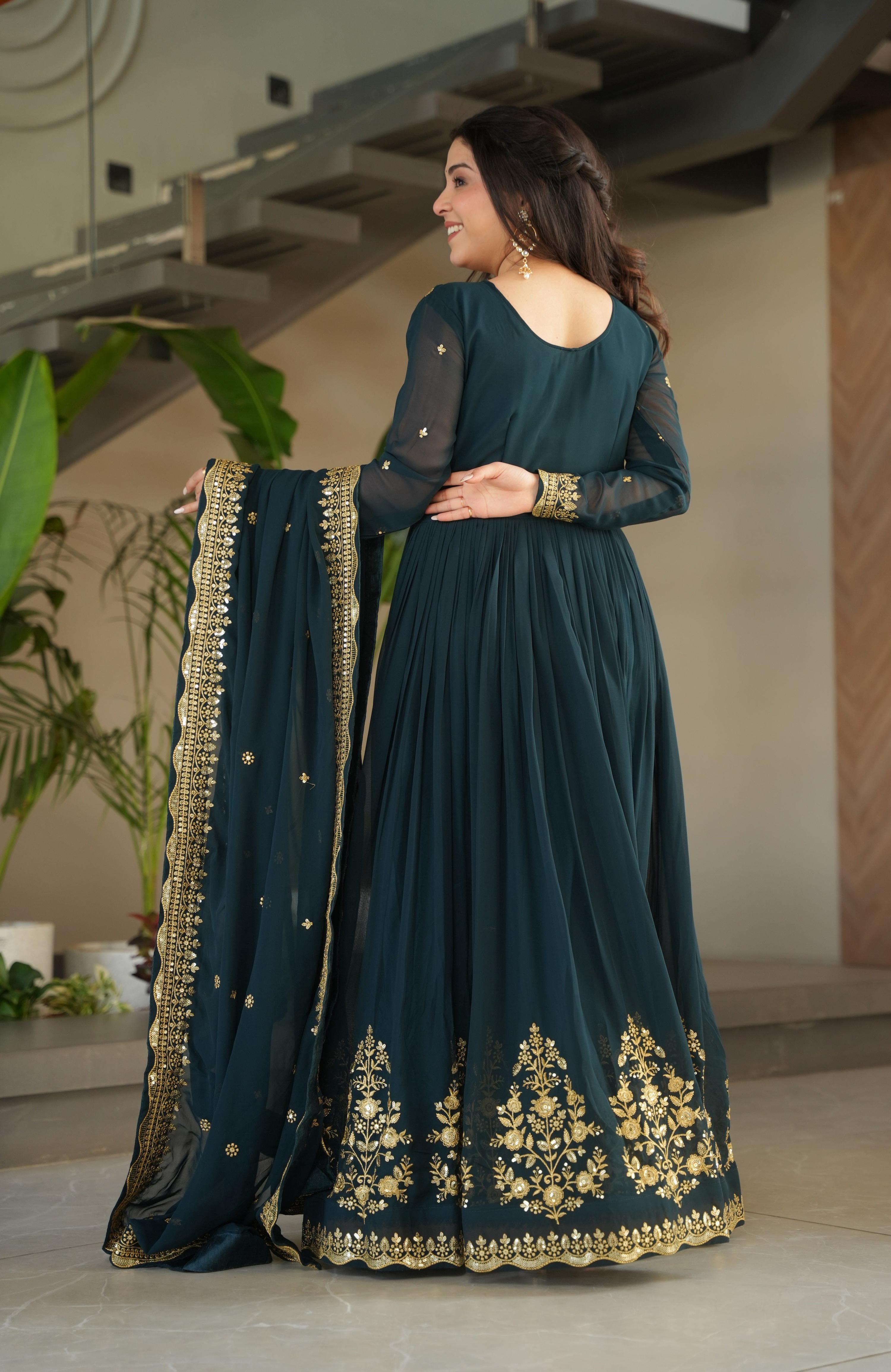 Vedant Vastram Georgette Embroidery & Sequence Work Stitched Ethnic Gown-Rama - Distacart