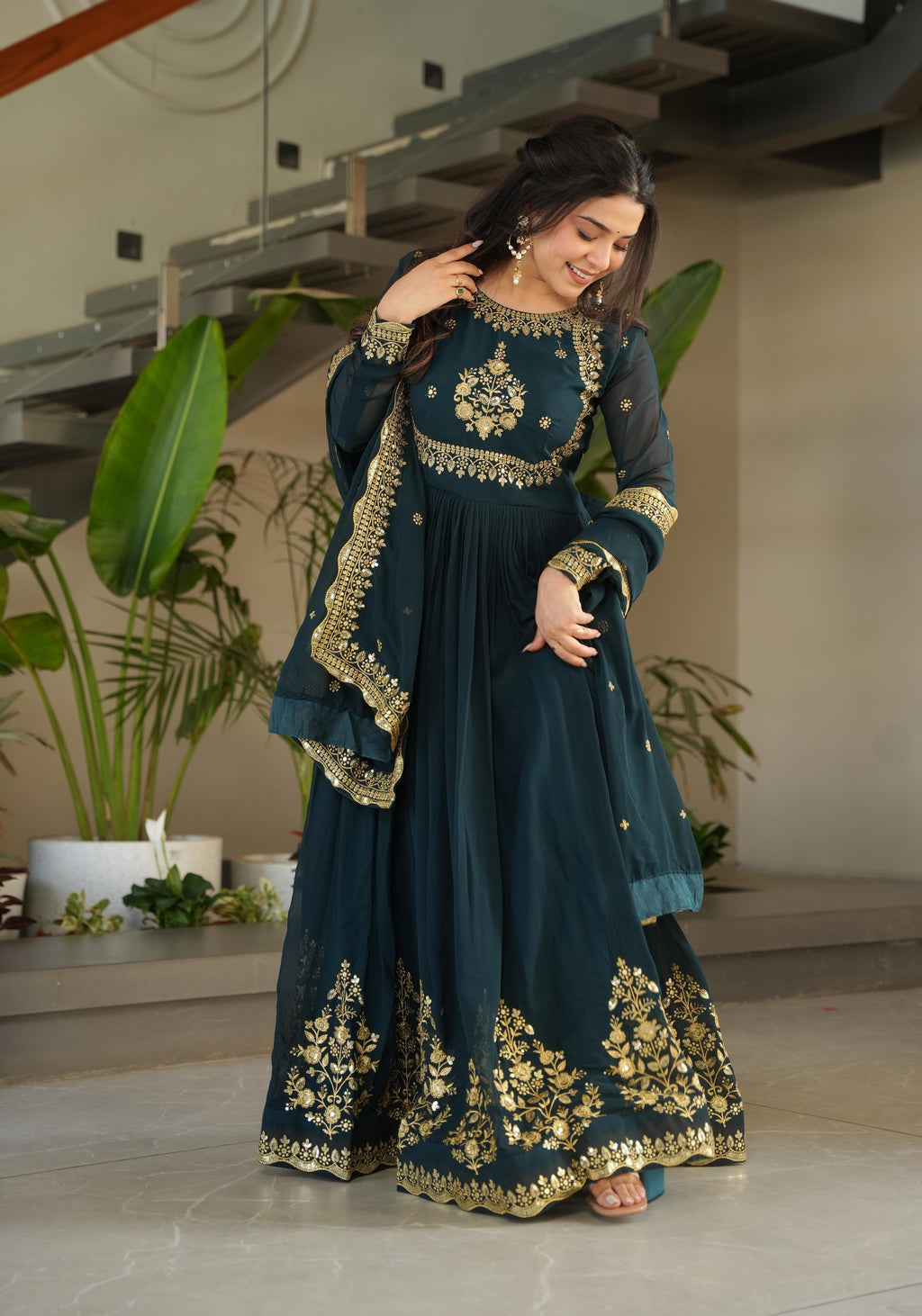 Vedant Vastram Georgette Embroidery & Sequence Work Stitched Ethnic Gown-Rama - Distacart