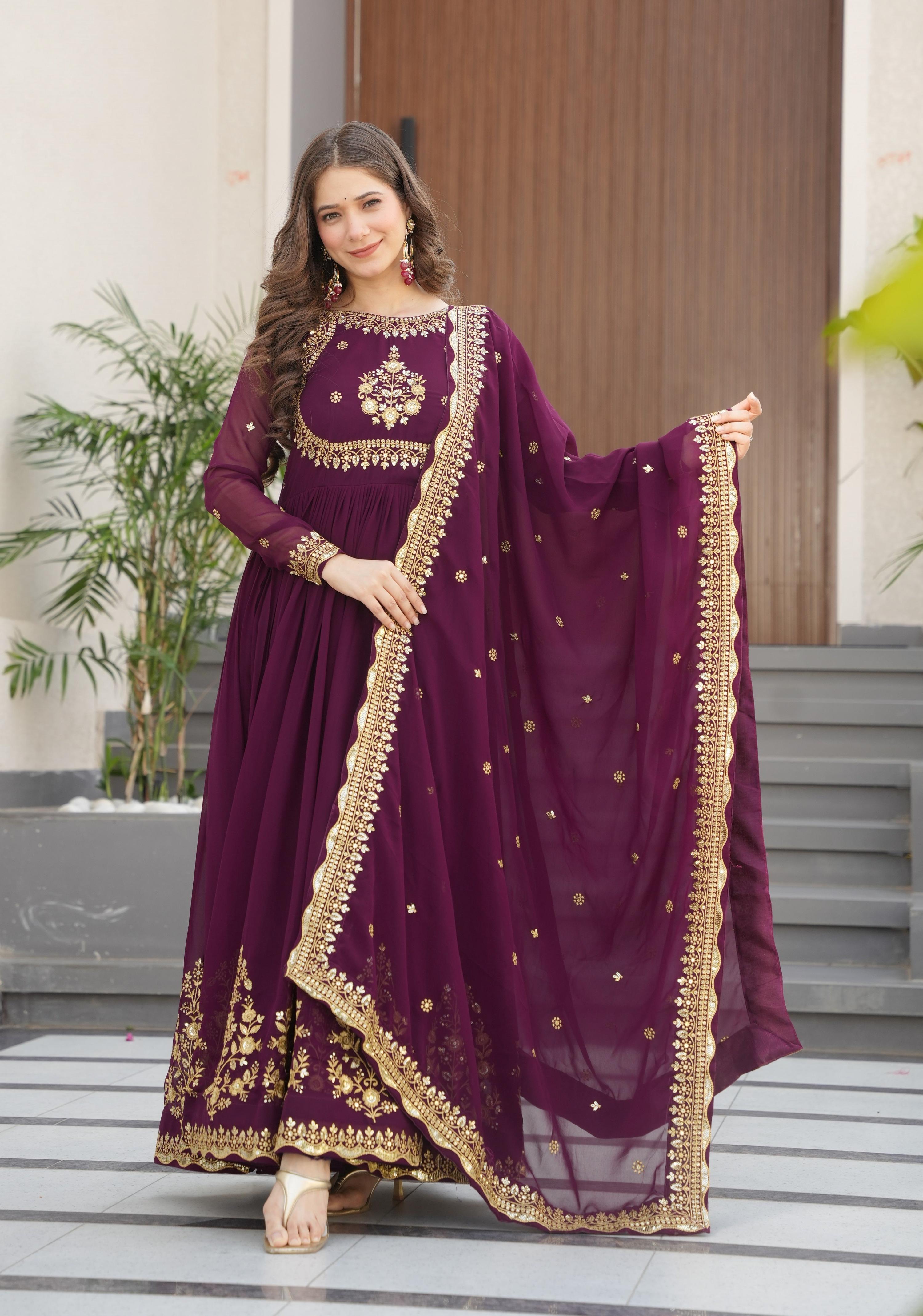 Vedant Vastram Georgette Embroidery & Sequence Work Stitched Ethnic Gown-Wine - Distacart