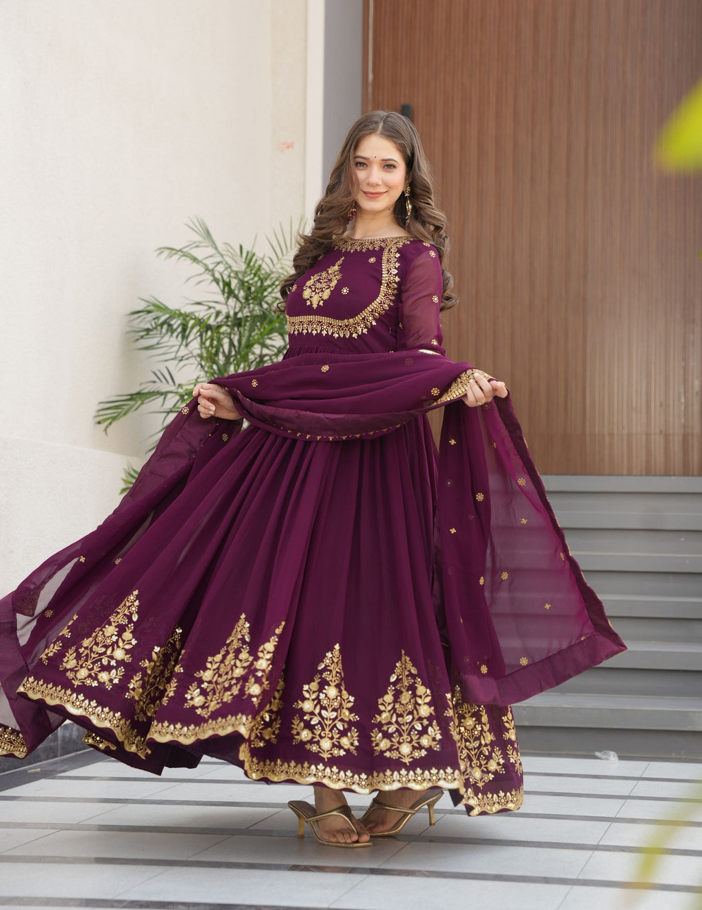 Vedant Vastram Georgette Embroidery & Sequence Work Stitched Ethnic Gown-Wine - Distacart