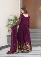 Vedant Vastram Georgette Embroidery & Sequence Work Stitched Ethnic Gown-Wine - Distacart