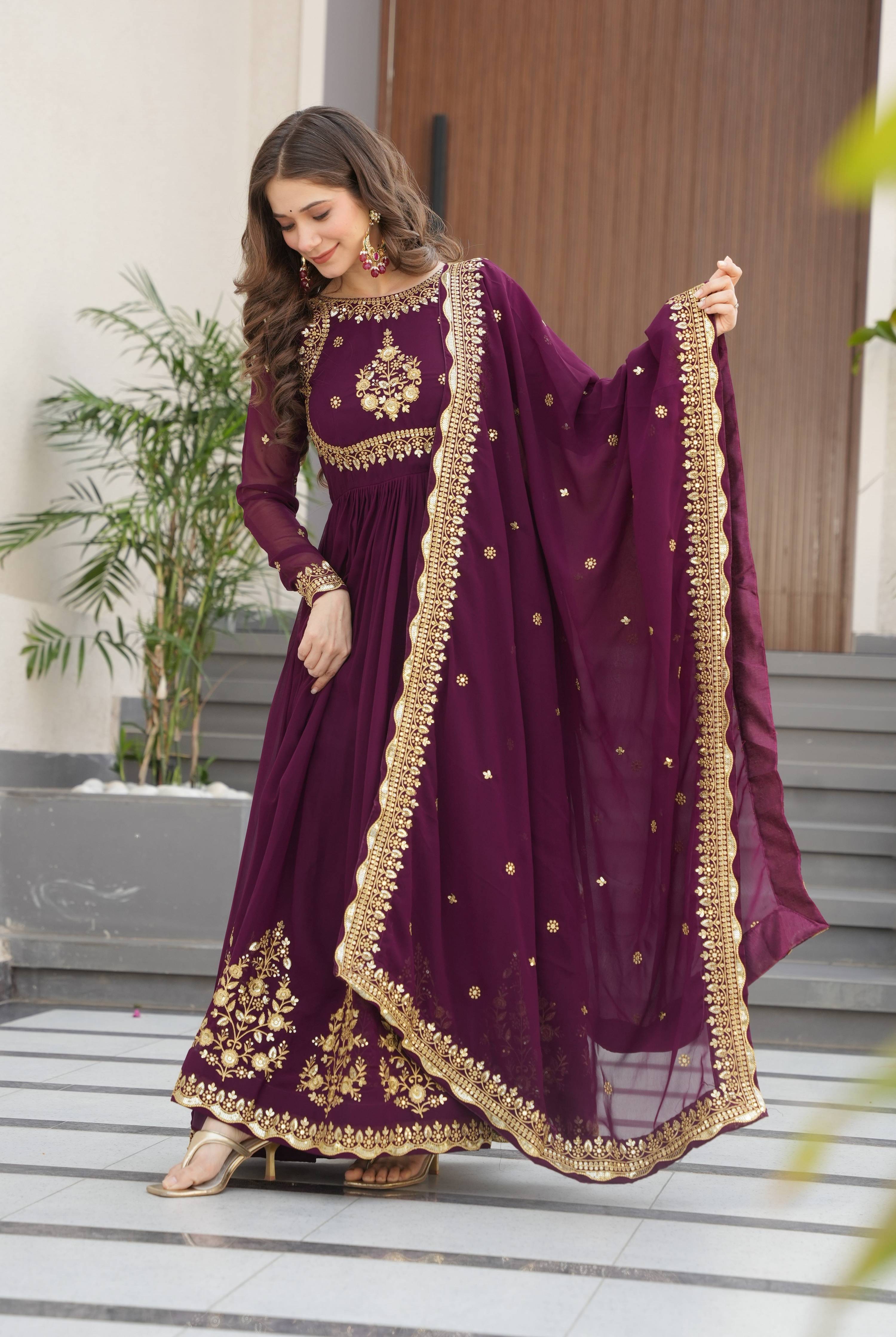 Vedant Vastram Georgette Embroidery & Sequence Work Stitched Ethnic Gown-Wine - Distacart