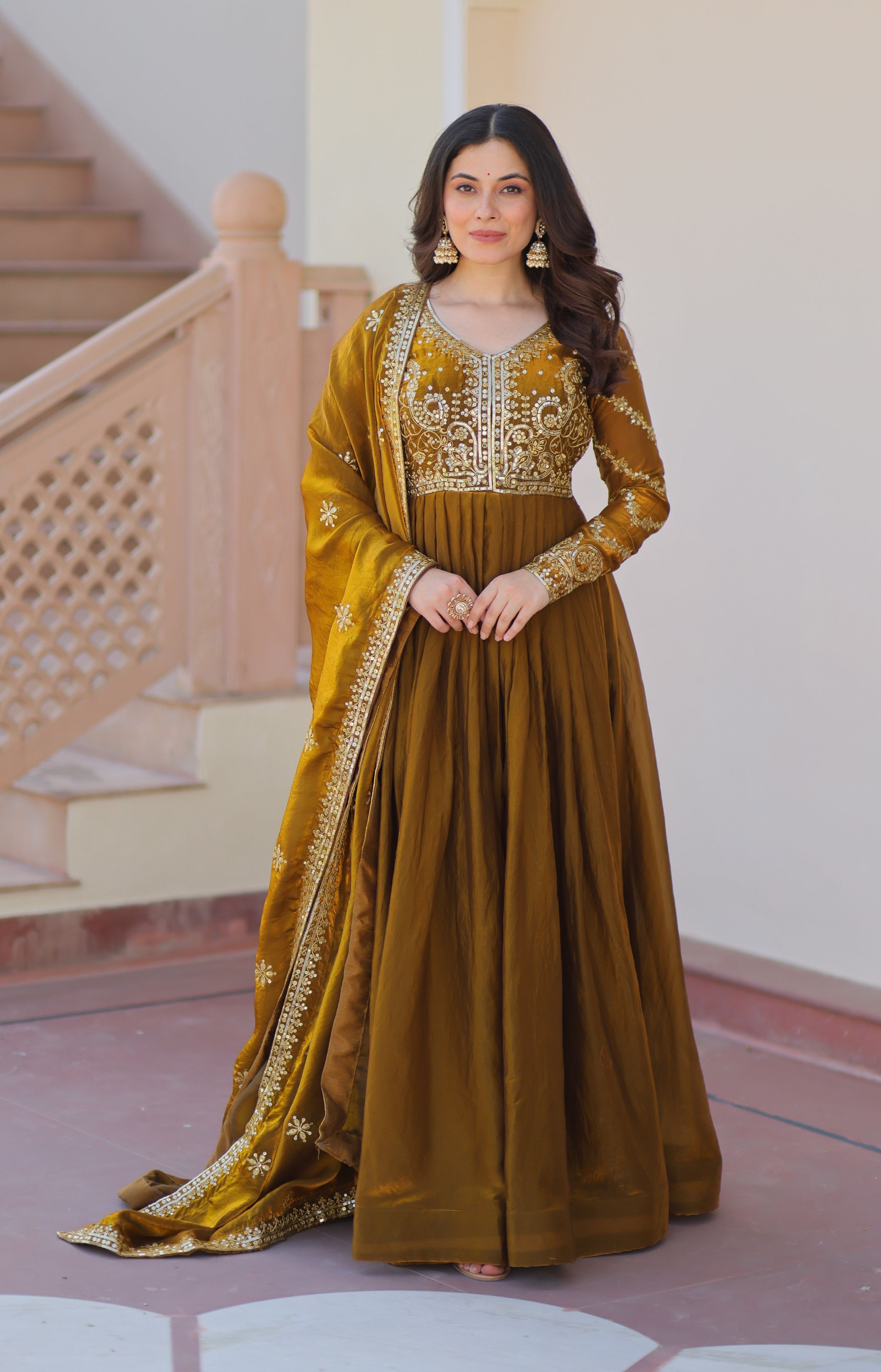 Vedant Vastram Russian Silk Embroidery & Sequence Work Stitched Ethnic Gown-Mahendi - Distacart