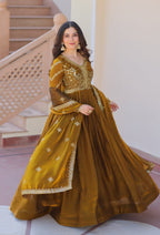 Vedant Vastram Russian Silk Embroidery & Sequence Work Stitched Ethnic Gown-Mahendi - Distacart