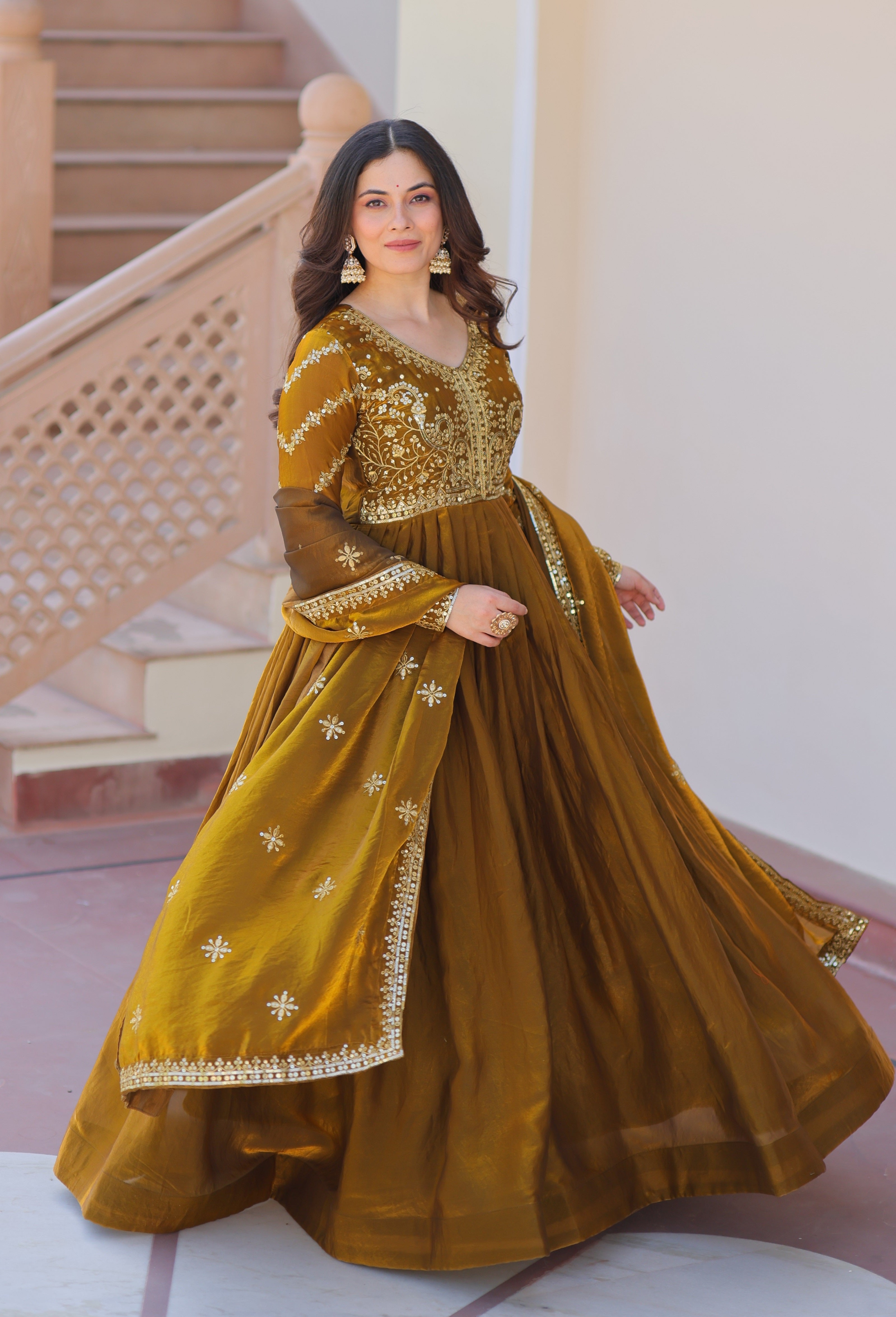 Vedant Vastram Russian Silk Embroidery & Sequence Work Stitched Ethnic Gown-Mahendi - Distacart