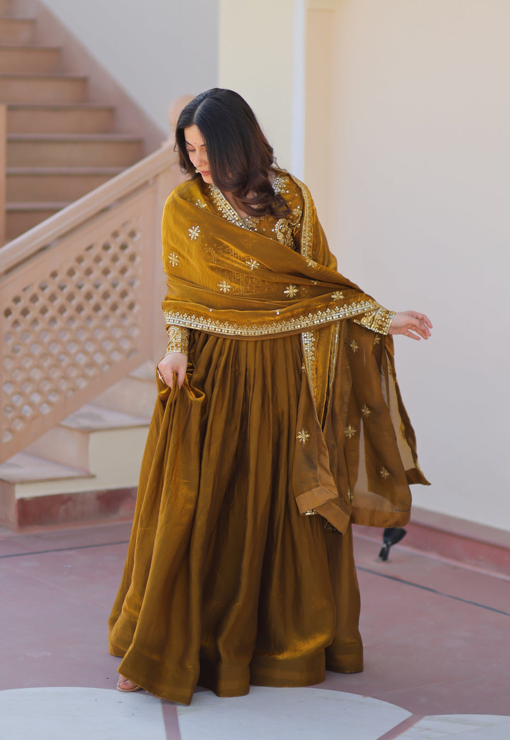 Vedant Vastram Russian Silk Embroidery & Sequence Work Stitched Ethnic Gown-Mahendi - Distacart