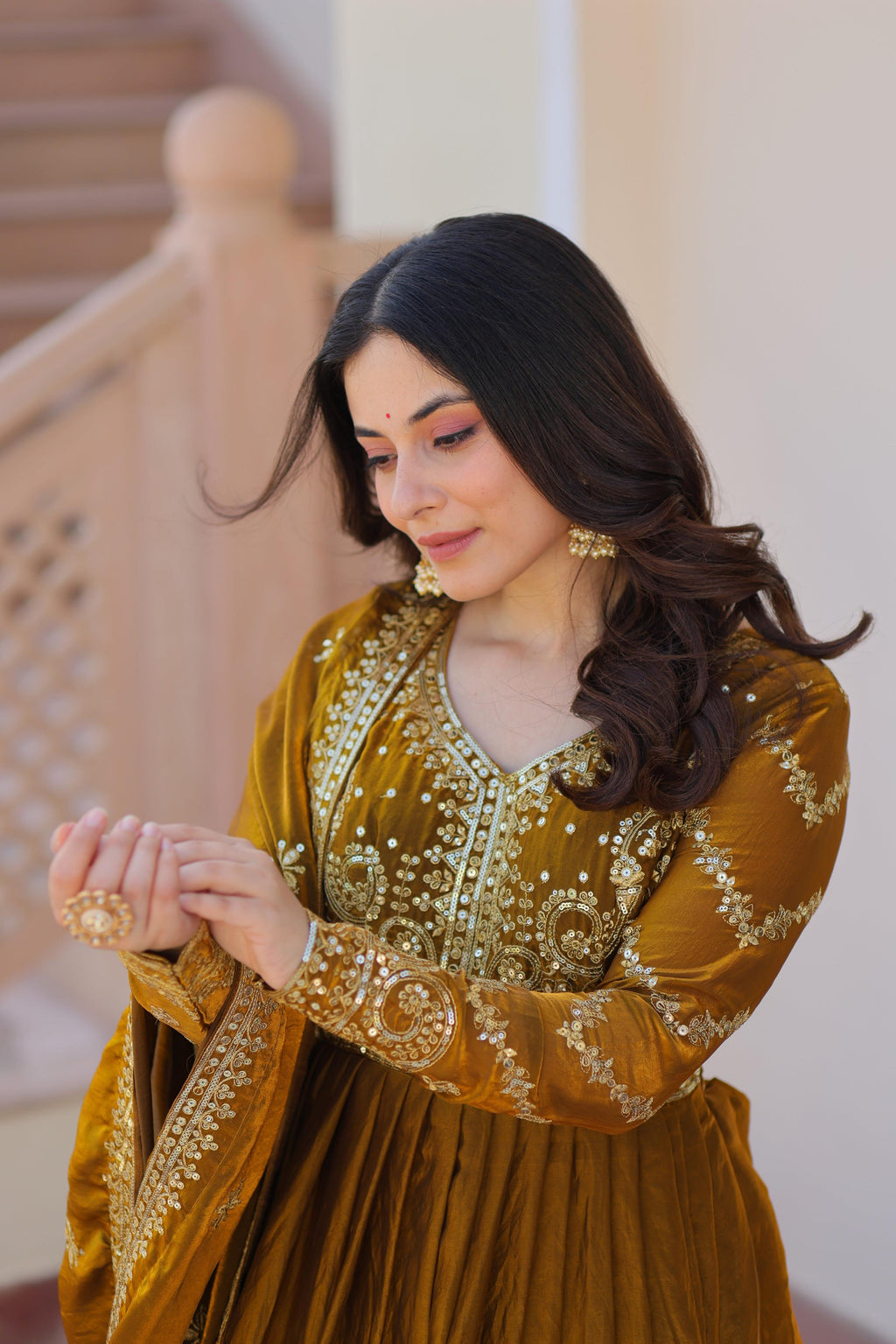 Vedant Vastram Russian Silk Embroidery & Sequence Work Stitched Ethnic Gown-Mahendi - Distacart
