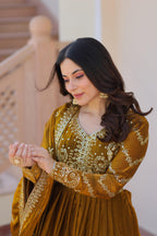 Vedant Vastram Russian Silk Embroidery & Sequence Work Stitched Ethnic Gown-Mahendi - Distacart