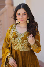 Vedant Vastram Russian Silk Embroidery & Sequence Work Stitched Ethnic Gown-Mahendi - Distacart