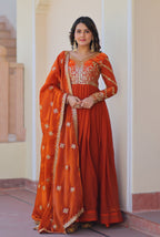 Vedant Vastram Russian Silk Embroidery & Sequence Work Stitched Ethnic Gown-Orange - Distacart