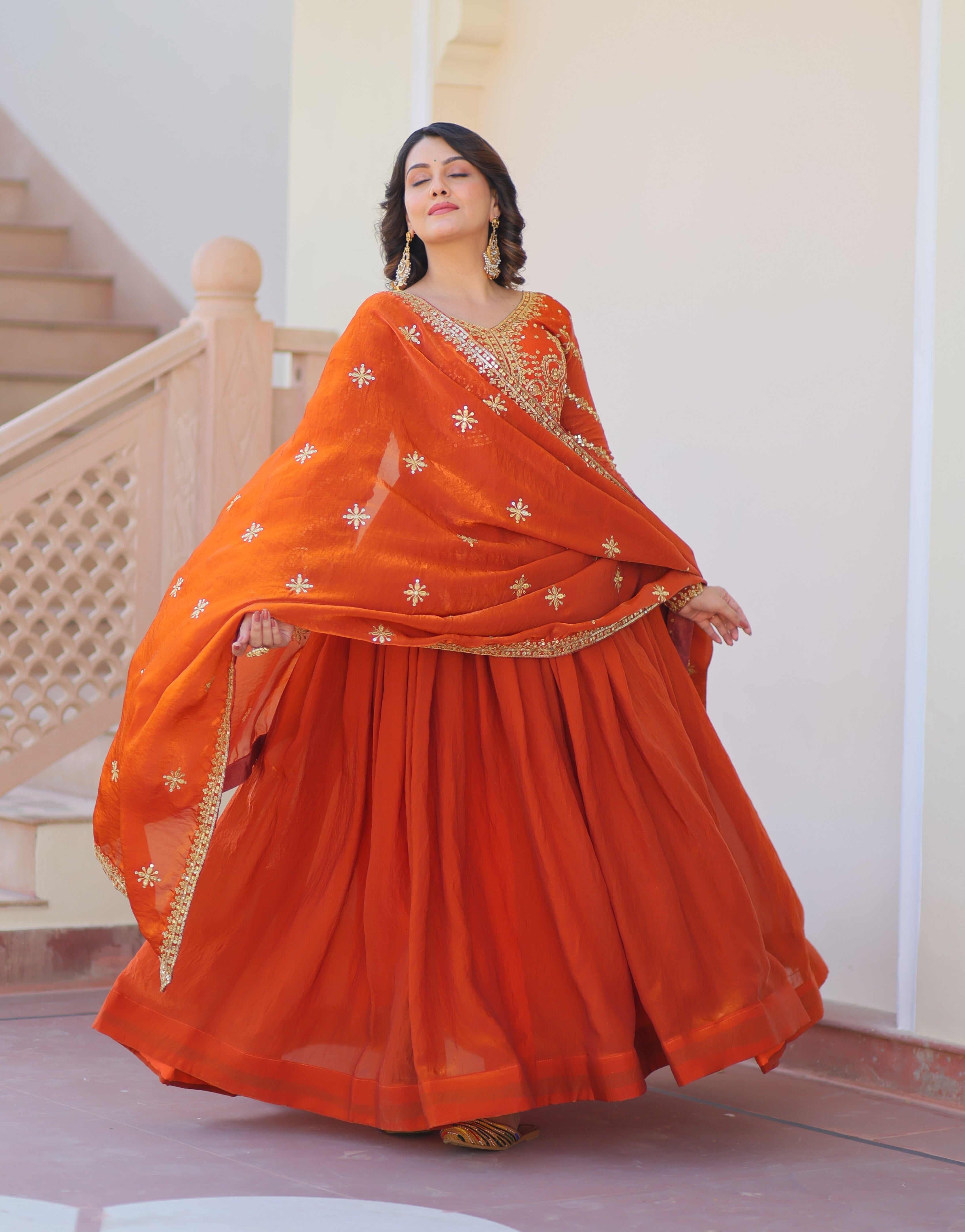 Vedant Vastram Russian Silk Embroidery & Sequence Work Stitched Ethnic Gown-Orange - Distacart