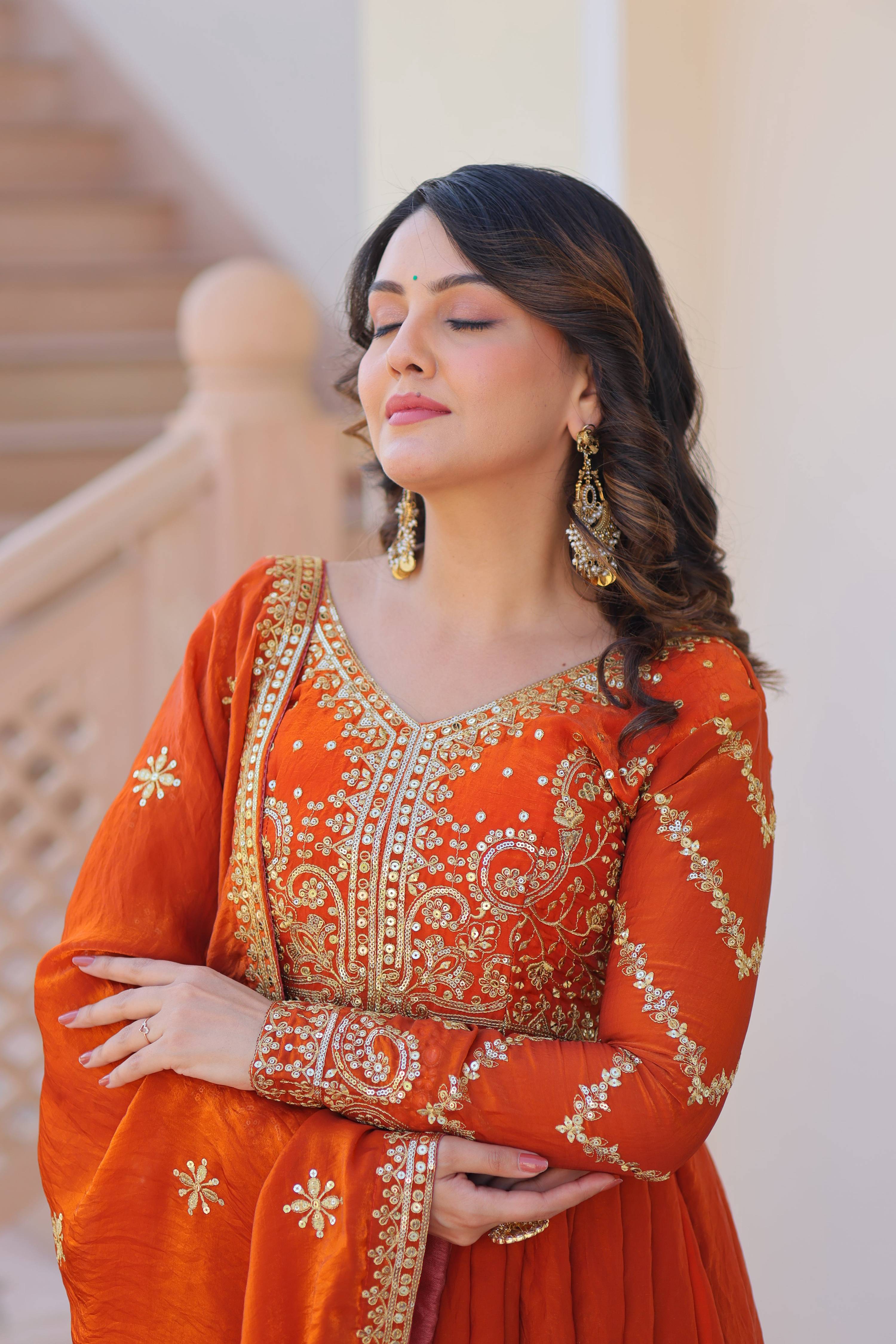 Vedant Vastram Russian Silk Embroidery & Sequence Work Stitched Ethnic Gown-Orange - Distacart