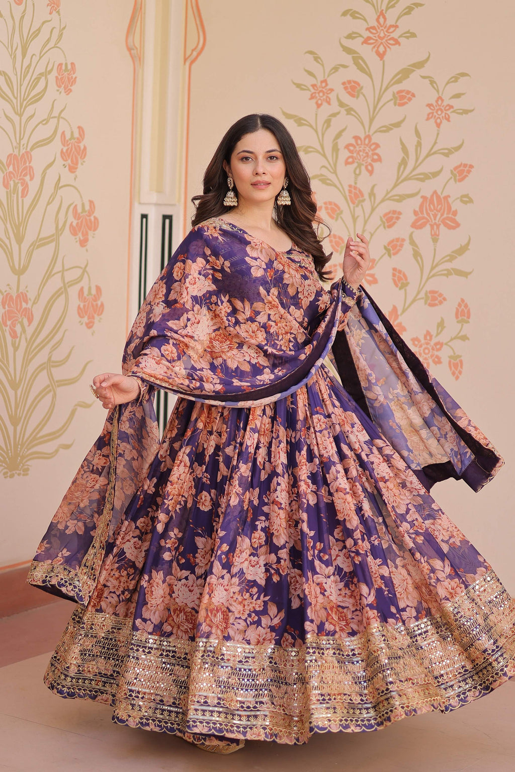 Vedant Vastram Russian Silk Embroidery & Sequence Work Stitched Ethnic Gown-Purple - Distacart
