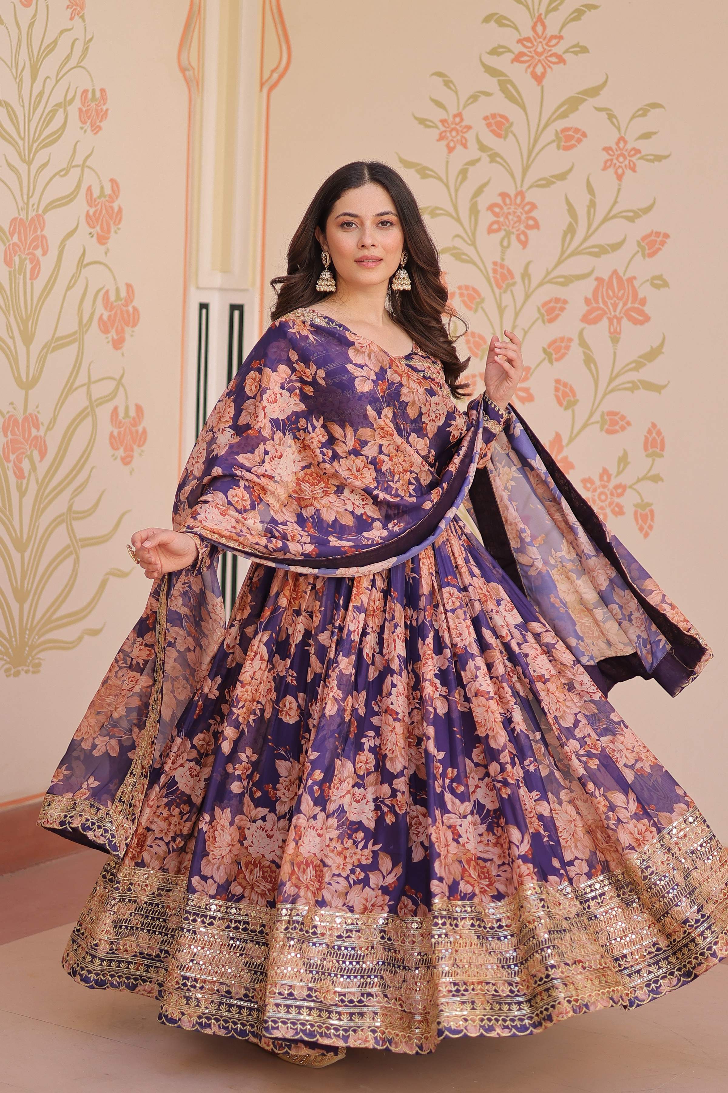 Vedant Vastram Russian Silk Embroidery & Sequence Work Stitched Ethnic Gown-Purple - Distacart
