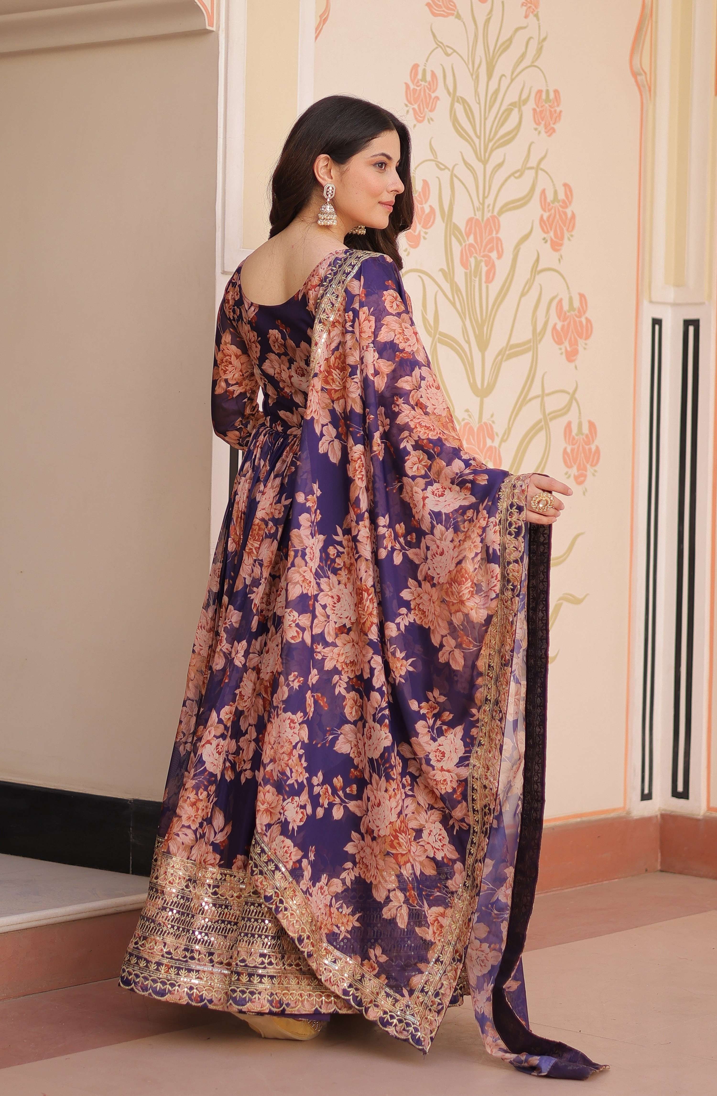Vedant Vastram Russian Silk Embroidery & Sequence Work Stitched Ethnic Gown-Purple - Distacart