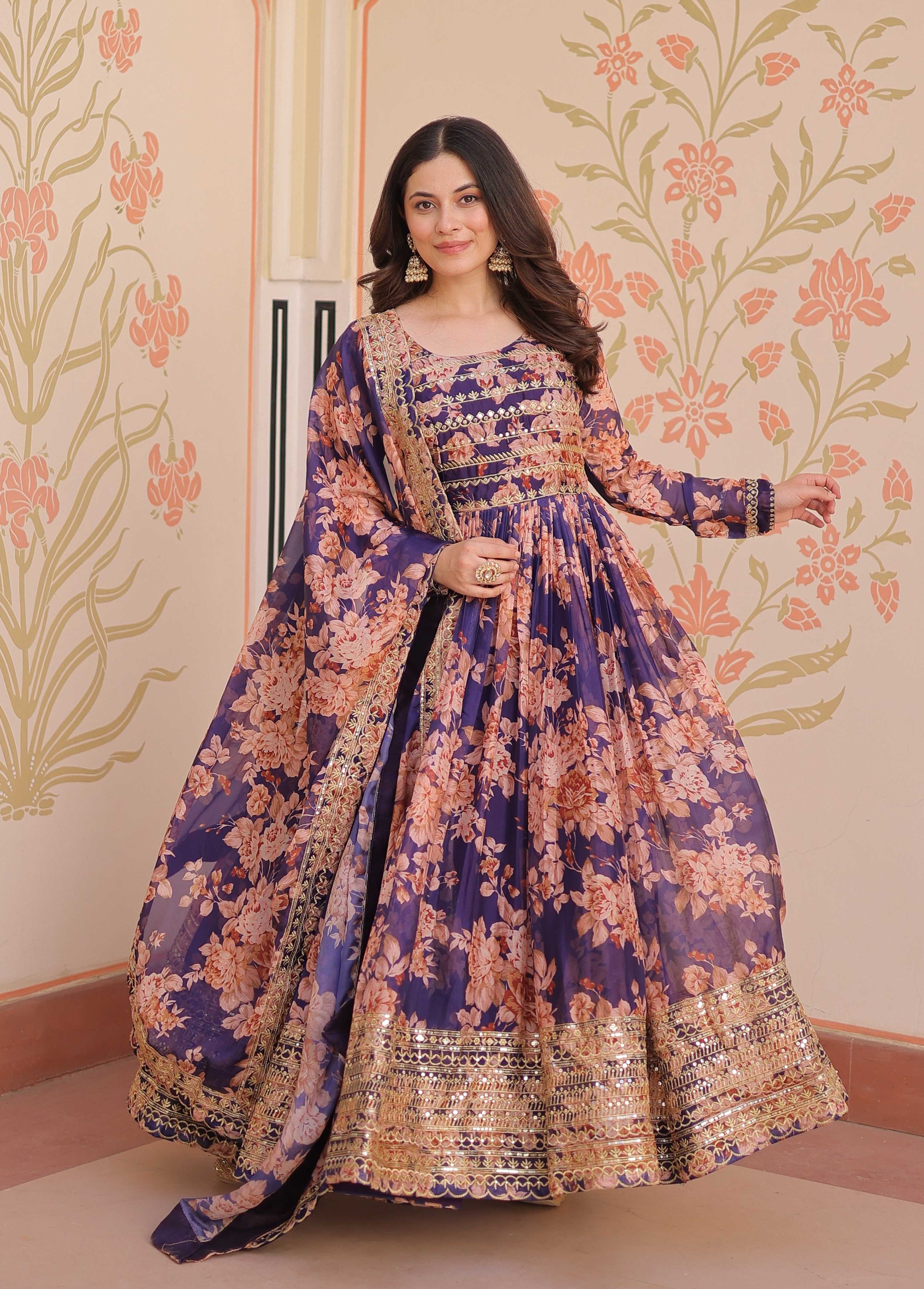 Vedant Vastram Russian Silk Embroidery & Sequence Work Stitched Ethnic Gown-Purple - Distacart