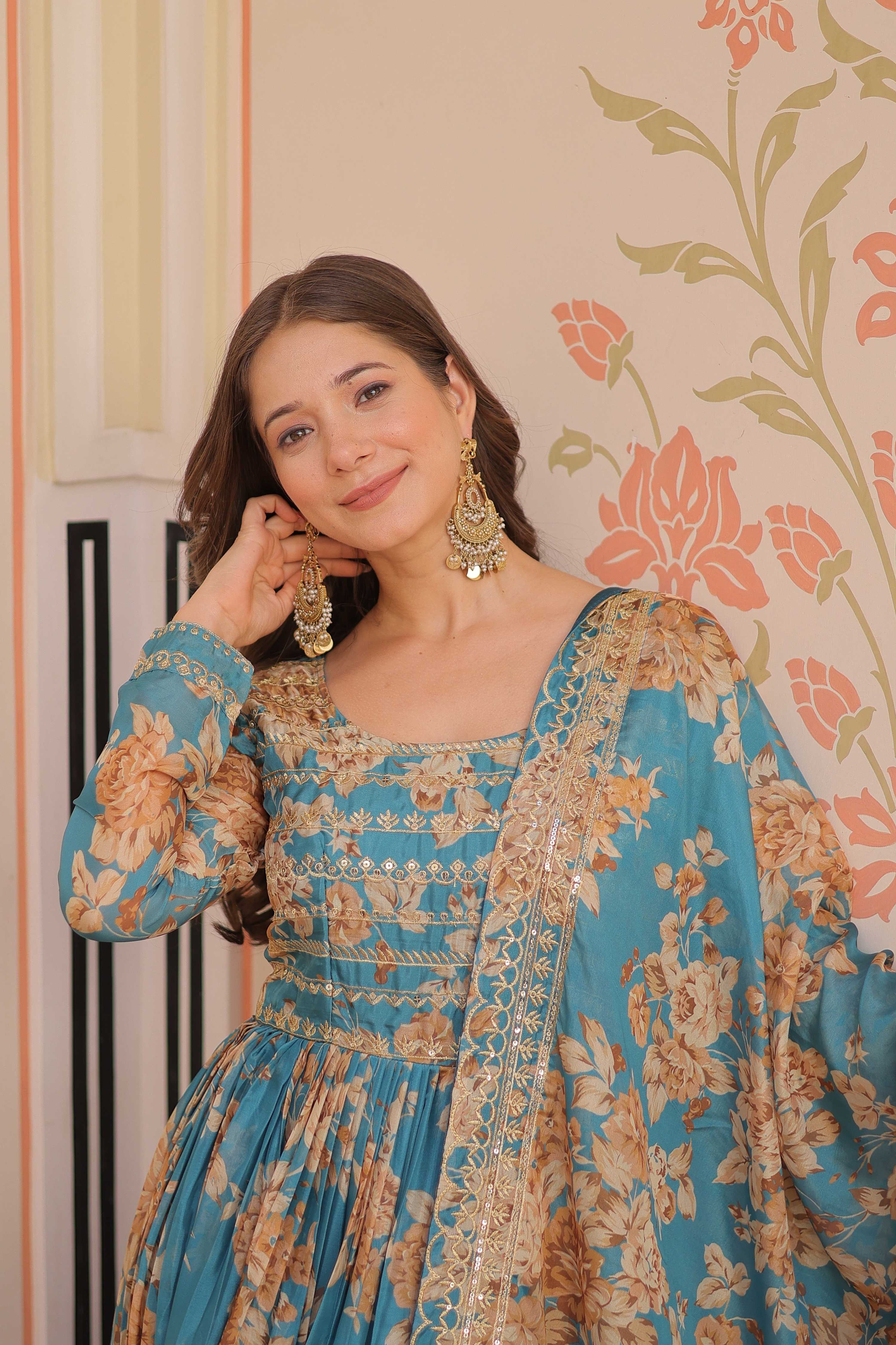 Vedant Vastram Russian Silk Embroidery & Sequence Work Stitched Ethnic Gown-Rama - Distacart