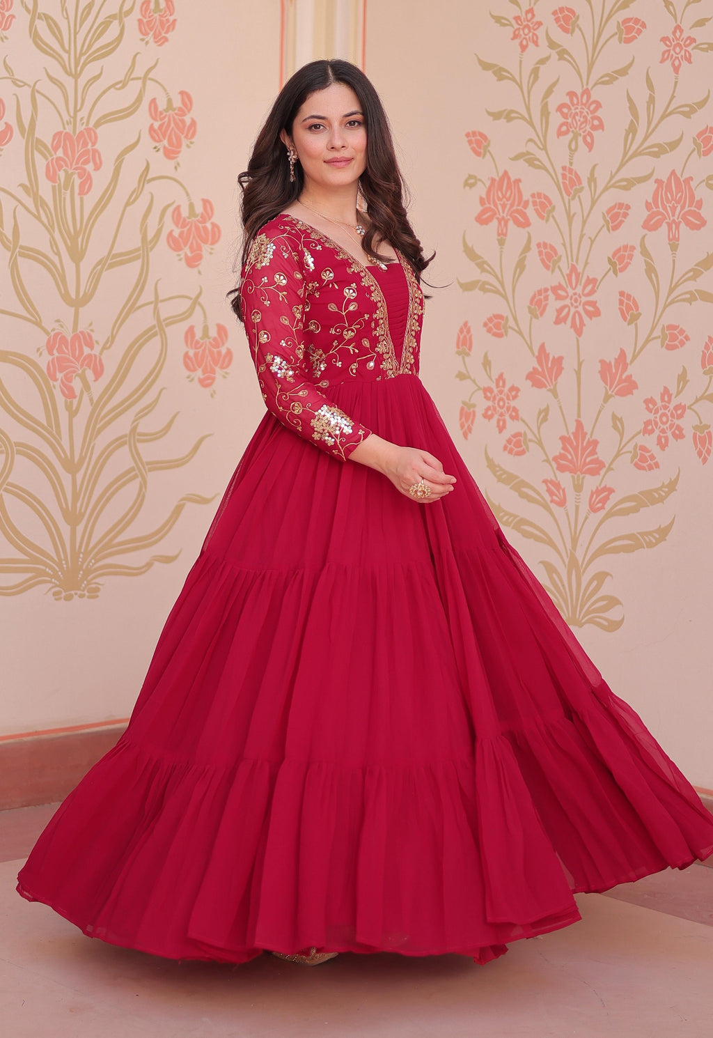 Vedant Vastram Georgette Embroidery & Sequence Work Stitched Ethnic Gown-Pink - Distacart